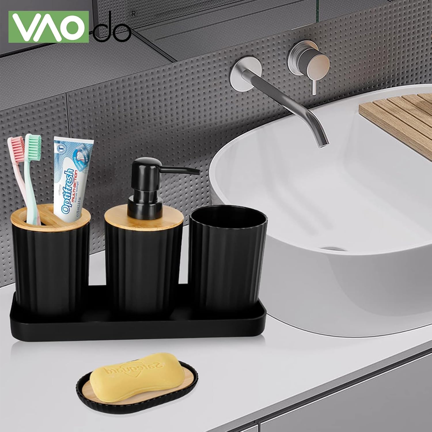 VAODO 5PCS Bathroom Accessories Set, Bathroom Accessory Gift Set, Soap Dispenser, Soap Dish, Toothbrush Cup, Mouthwash Cup, Storage Box, Bathroom Decoration Set Decorative Countertop Accessories - Image 7