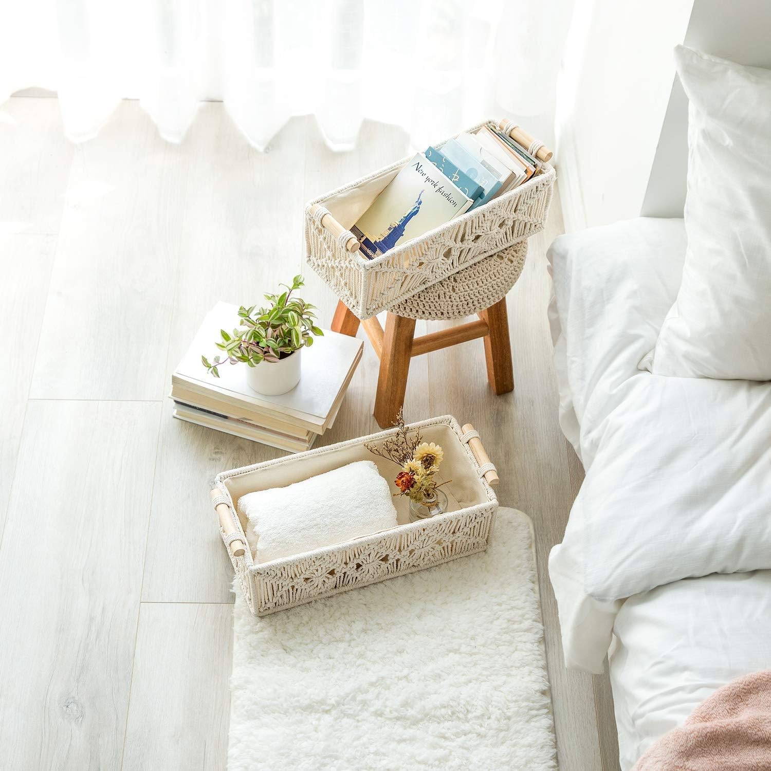 SKY-TOUCH Handwoven Macrame Storage Baskets,Woven Toilet Paper Basket with Handle for Bathroom Countertop, Storage Shelf for Bedroom, Living Room, Home (Ivory) - Image 7