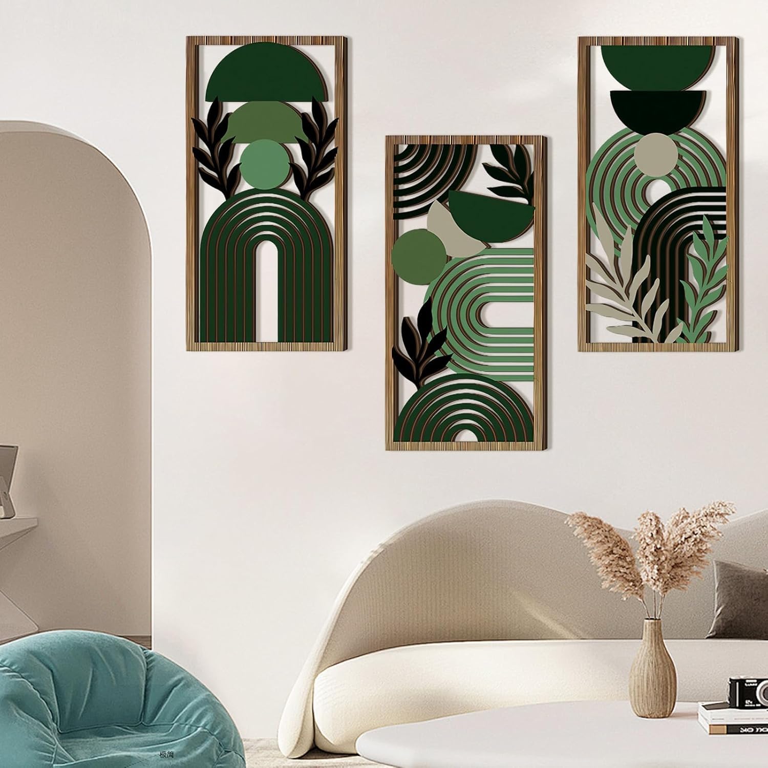 Abstract Wall Art Set of 3, Boho Geometric Wood Wall Decor, Framed Aesthetic Botanical Artwork, Green Room Decor for Bedroom, Living Room, Office, Modern Home Wall Art - Image 3