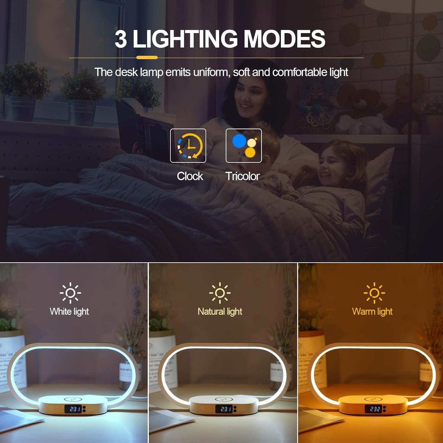 TERRIFI Bedside Lamp with Wireless Charger, LED Desk Lamp with USB Port, Touch Control Table Lamp with Clock, Ideal for Bedroom Nightstand, Dimmable & 3 Colors Temperatures, Modern Home Office Decor - Image 7