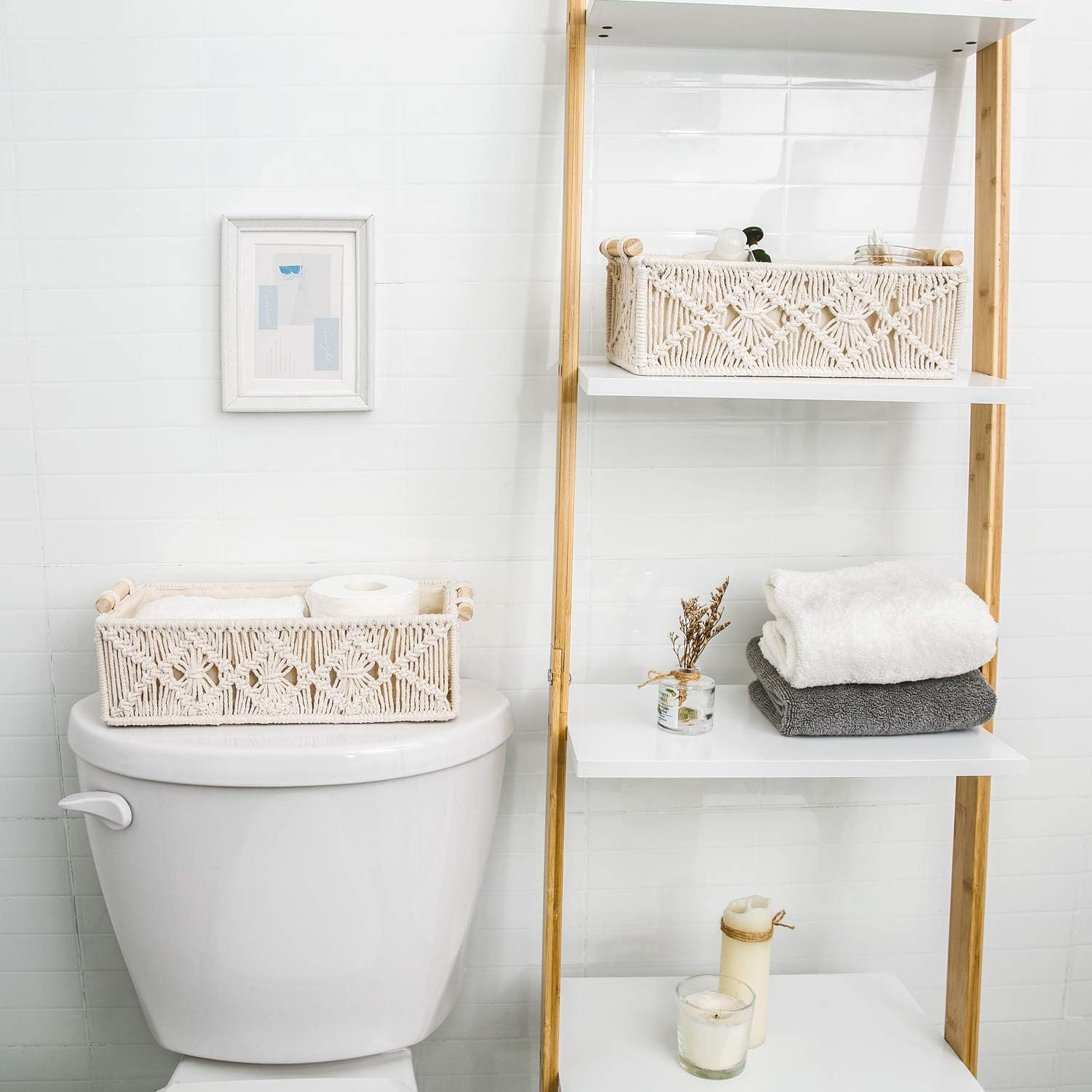 SKY-TOUCH Handwoven Macrame Storage Baskets,Woven Toilet Paper Basket with Handle for Bathroom Countertop, Storage Shelf for Bedroom, Living Room, Home (Ivory) - Image 5