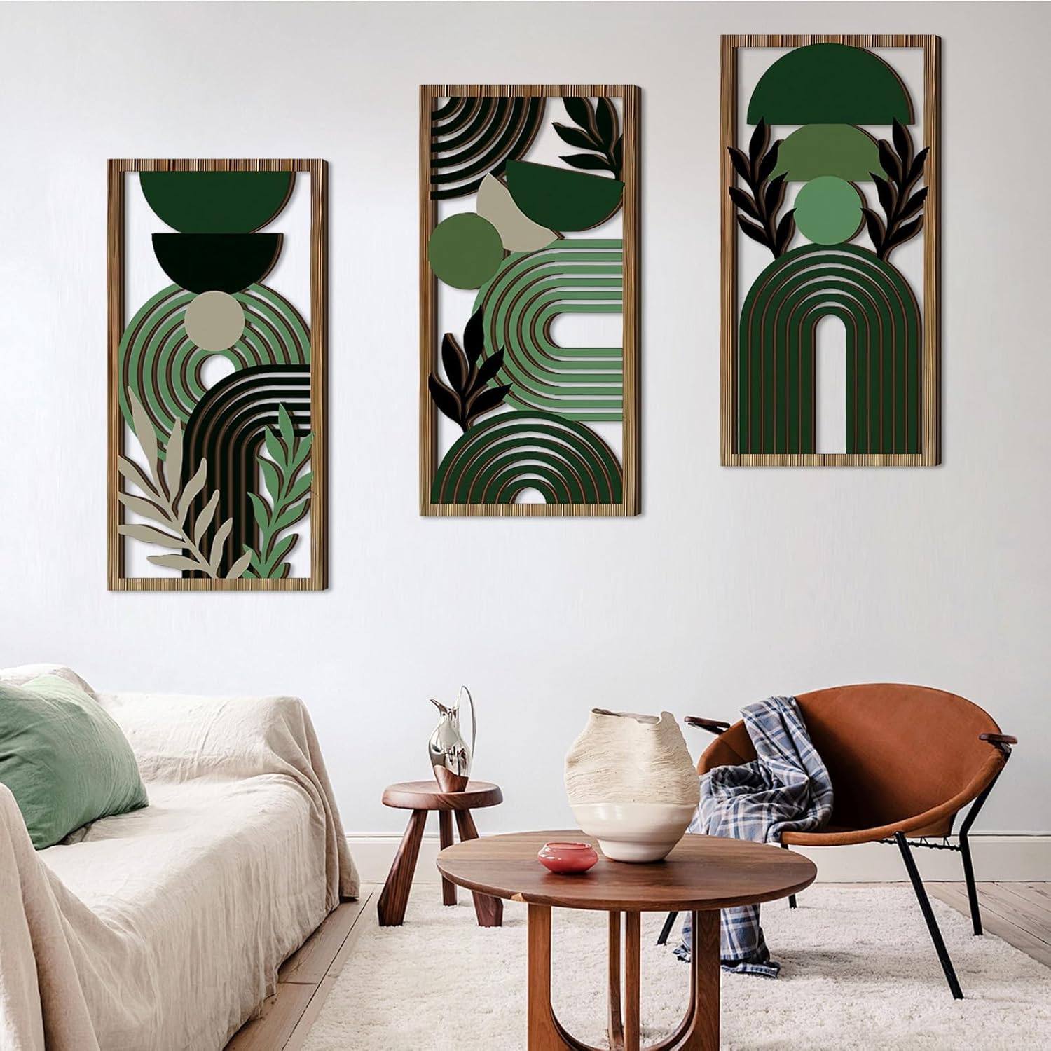 Abstract Wall Art Set of 3, Boho Geometric Wood Wall Decor, Framed Aesthetic Botanical Artwork, Green Room Decor for Bedroom, Living Room, Office, Modern Home Wall Art - Image 7