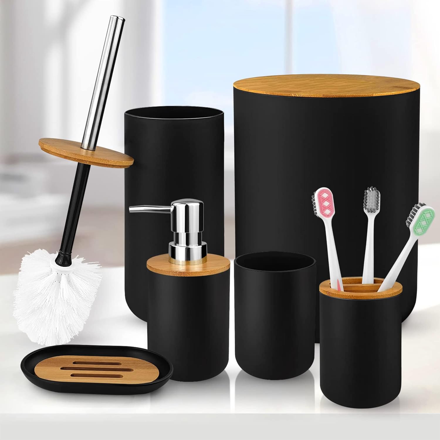 6-pcs Bathroom Accessory Set, | Bamboo Black Bathroom Set Includes Toothbrush Cup & Holder, Soap Dispenser, Soap Dish, Durable Toilet Brush with Holder - Modern Trash Can (BLACK) - Image 7
