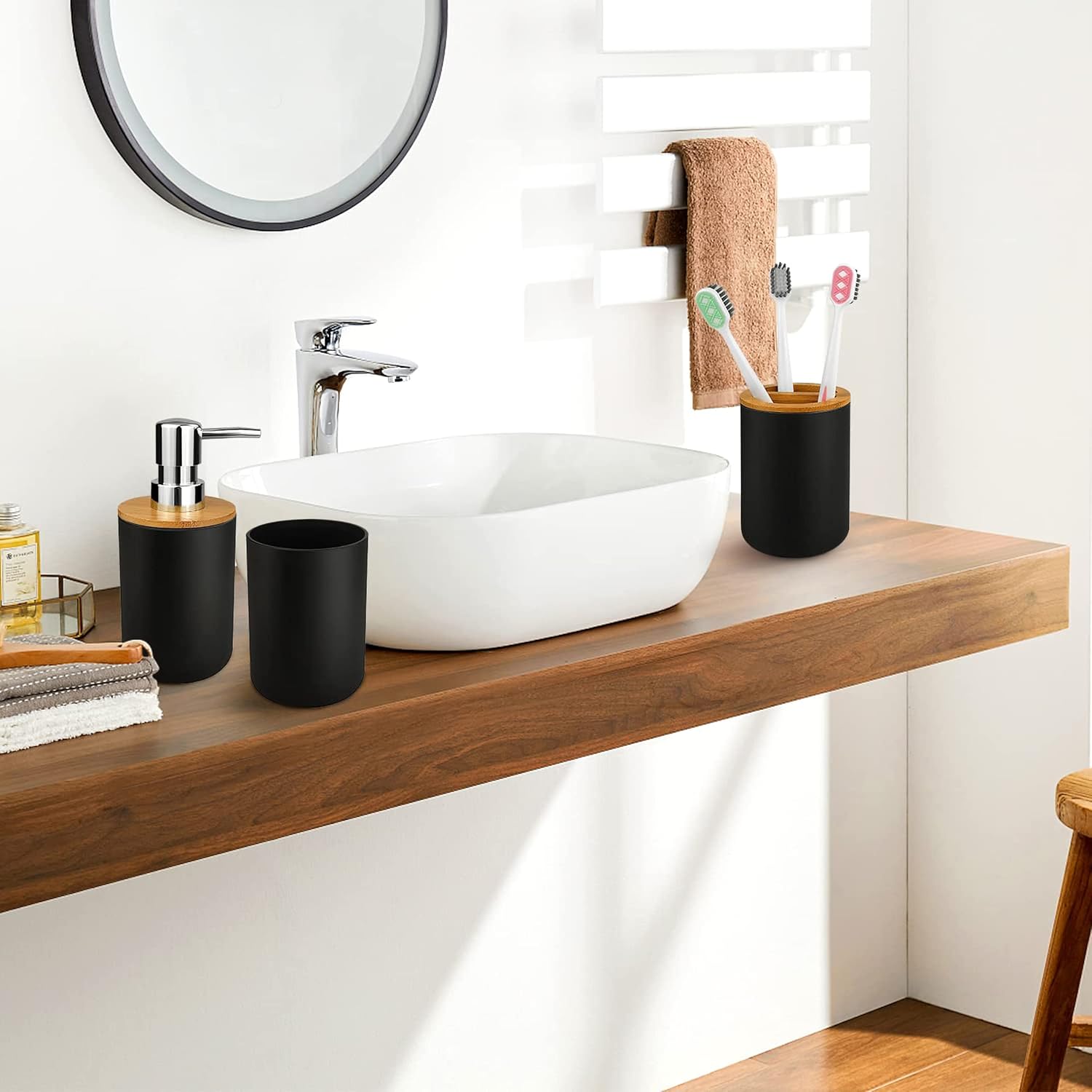 6-pcs Bathroom Accessory Set, | Bamboo Black Bathroom Set Includes Toothbrush Cup & Holder, Soap Dispenser, Soap Dish, Durable Toilet Brush with Holder - Modern Trash Can (BLACK) - Image 6