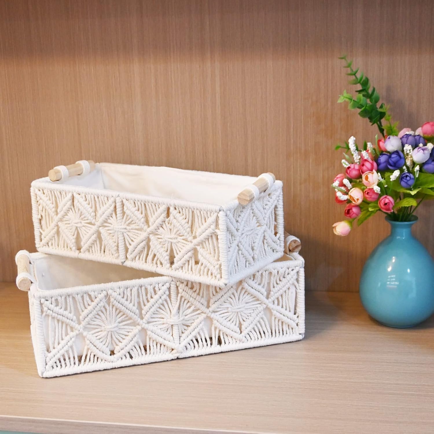 SKY-TOUCH Handwoven Macrame Storage Baskets,Woven Toilet Paper Basket with Handle for Bathroom Countertop, Storage Shelf for Bedroom, Living Room, Home (Ivory) - Image 4