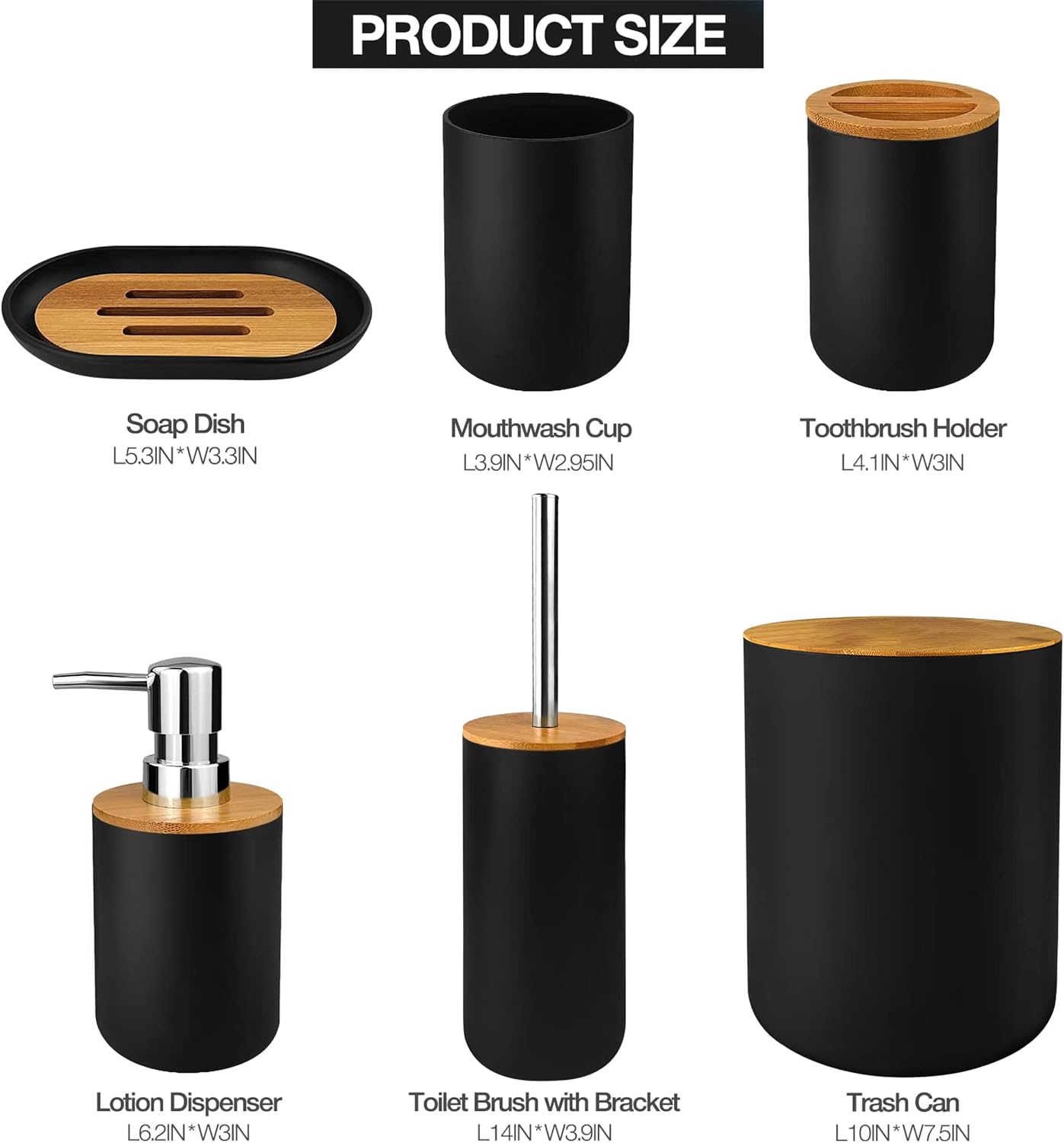 6-pcs Bathroom Accessory Set, | Bamboo Black Bathroom Set Includes Toothbrush Cup & Holder, Soap Dispenser, Soap Dish, Durable Toilet Brush with Holder - Modern Trash Can (BLACK) - Image 2