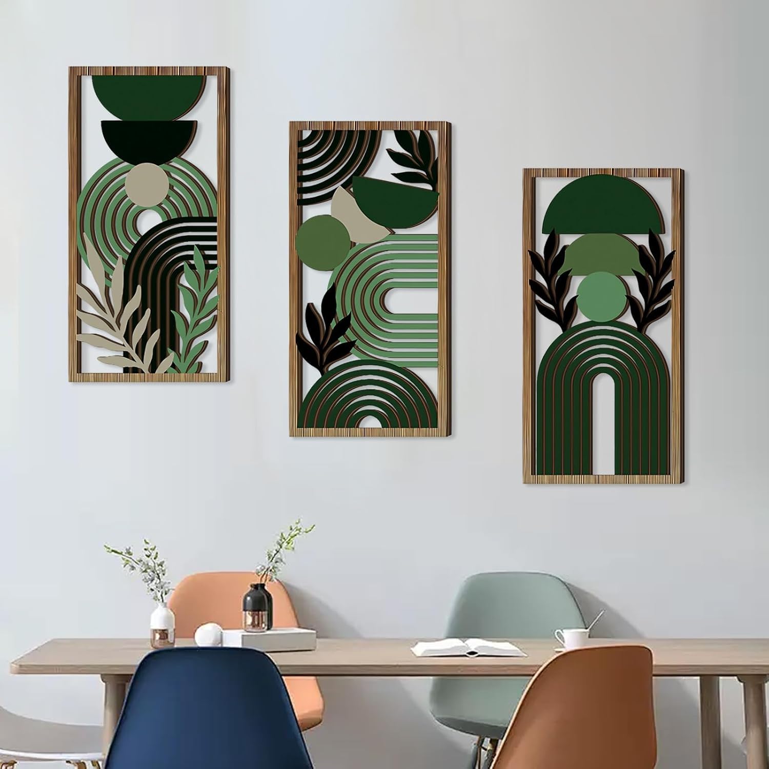 Abstract Wall Art Set of 3, Boho Geometric Wood Wall Decor, Framed Aesthetic Botanical Artwork, Green Room Decor for Bedroom, Living Room, Office, Modern Home Wall Art - Image 5
