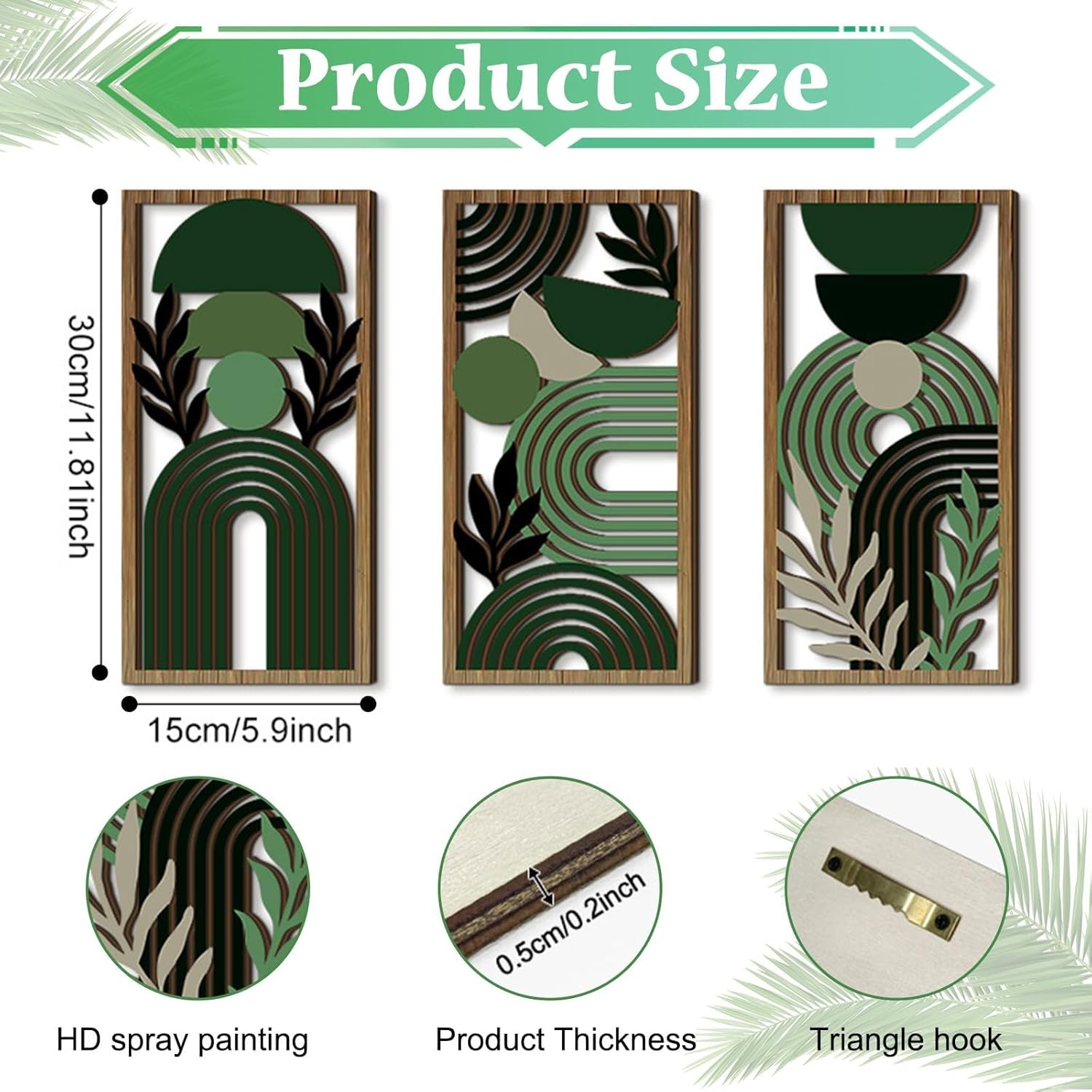 Abstract Wall Art Set of 3, Boho Geometric Wood Wall Decor, Framed Aesthetic Botanical Artwork, Green Room Decor for Bedroom, Living Room, Office, Modern Home Wall Art - Image 2
