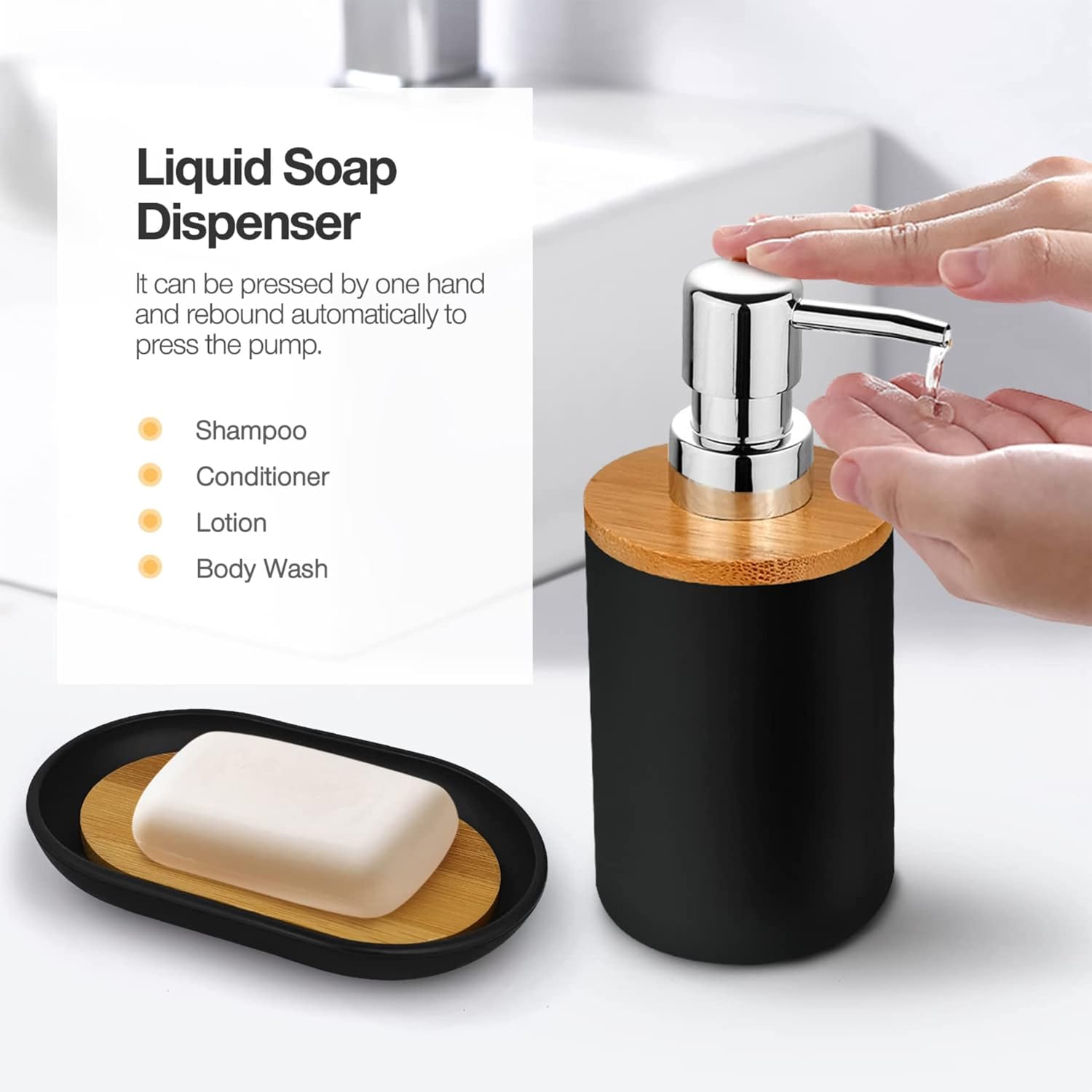 6-pcs Bathroom Accessory Set, | Bamboo Black Bathroom Set Includes Toothbrush Cup & Holder, Soap Dispenser, Soap Dish, Durable Toilet Brush with Holder - Modern Trash Can (BLACK) - Image 3