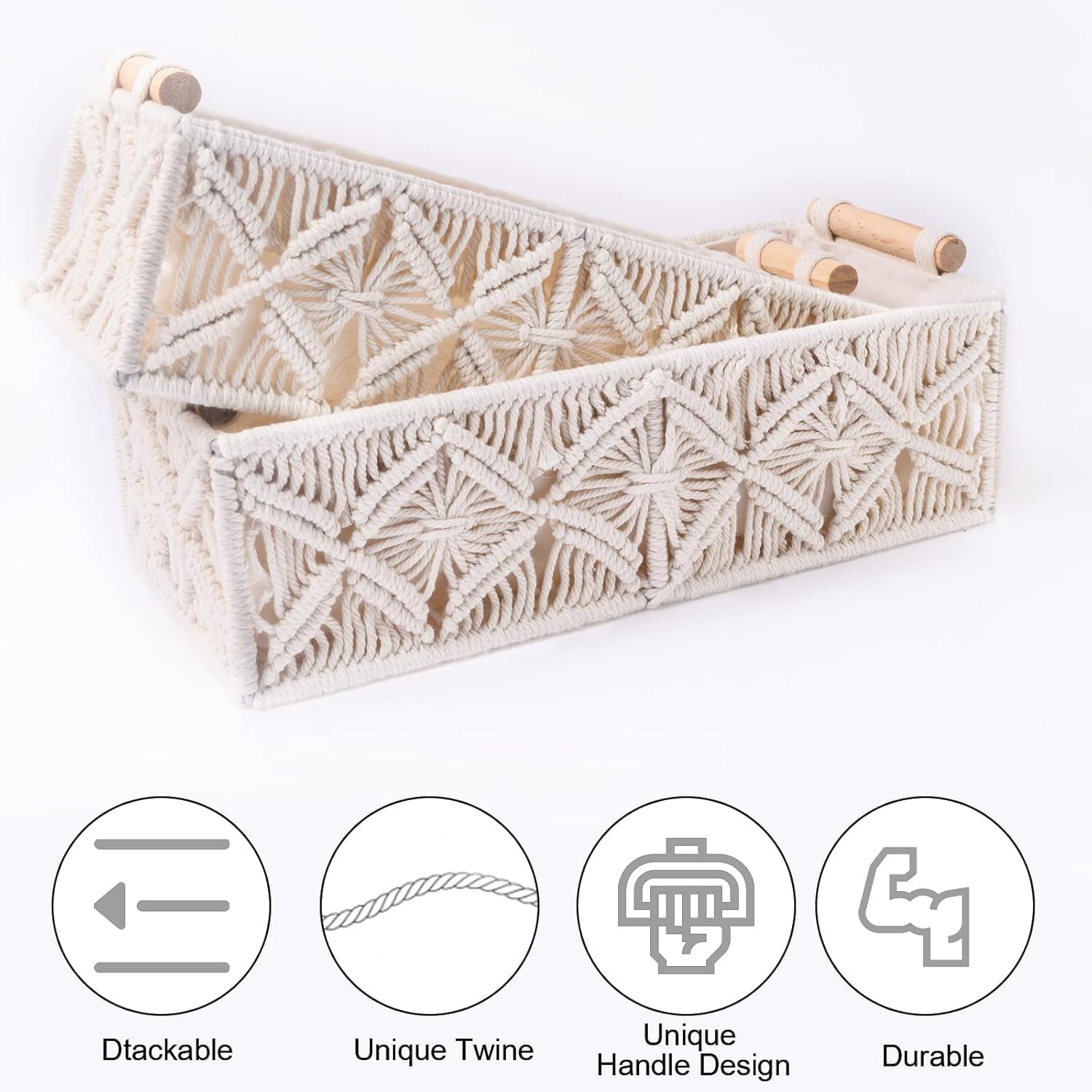 SKY-TOUCH Handwoven Macrame Storage Baskets,Woven Toilet Paper Basket with Handle for Bathroom Countertop, Storage Shelf for Bedroom, Living Room, Home (Ivory) - Image 3