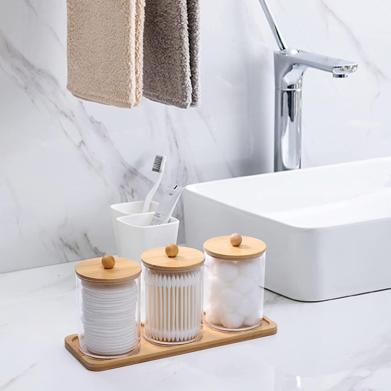 MahMir Bathroom Jars Qtip Holder, Apothecary Jars, Acrylic Cotton Ball Holder, Clear Bathroom Canisters with Bamboo Lids for Cotton Swab and Brush (3 Jars and 1 Tray Pack) - Image 4