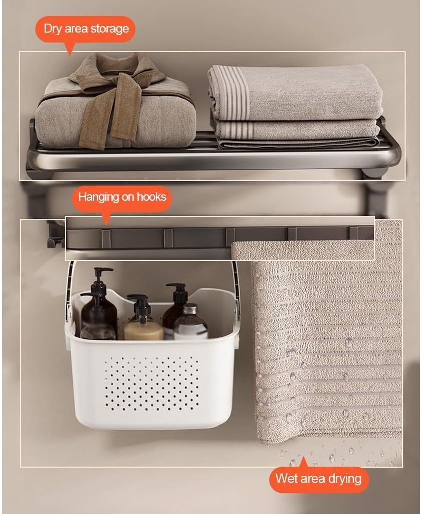 TERRIFI Suction Cup Towel Shelf for Bathroom, 60 cm Foldable Towel Rack with Bar and 7 Hooks, Wall-Mounted Towel Storage Organizer for Bathroom and Lavatory, Matte Black - Image 4