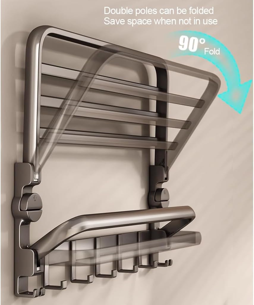 TERRIFI Suction Cup Towel Shelf for Bathroom, 60 cm Foldable Towel Rack with Bar and 7 Hooks, Wall-Mounted Towel Storage Organizer for Bathroom and Lavatory, Matte Black - Image 2