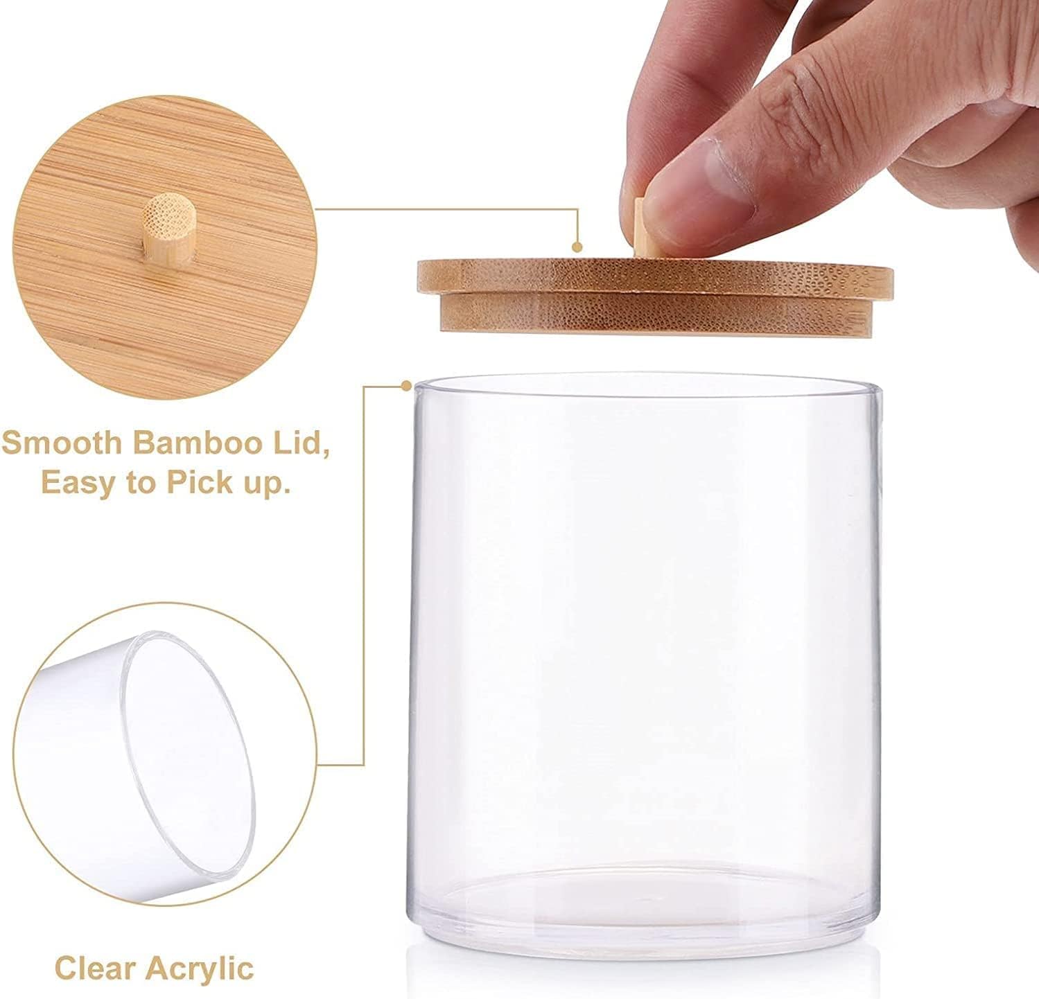 MahMir Bathroom Jars Qtip Holder, Apothecary Jars, Acrylic Cotton Ball Holder, Clear Bathroom Canisters with Bamboo Lids for Cotton Swab and Brush (3 Jars and 1 Tray Pack) - Image 9