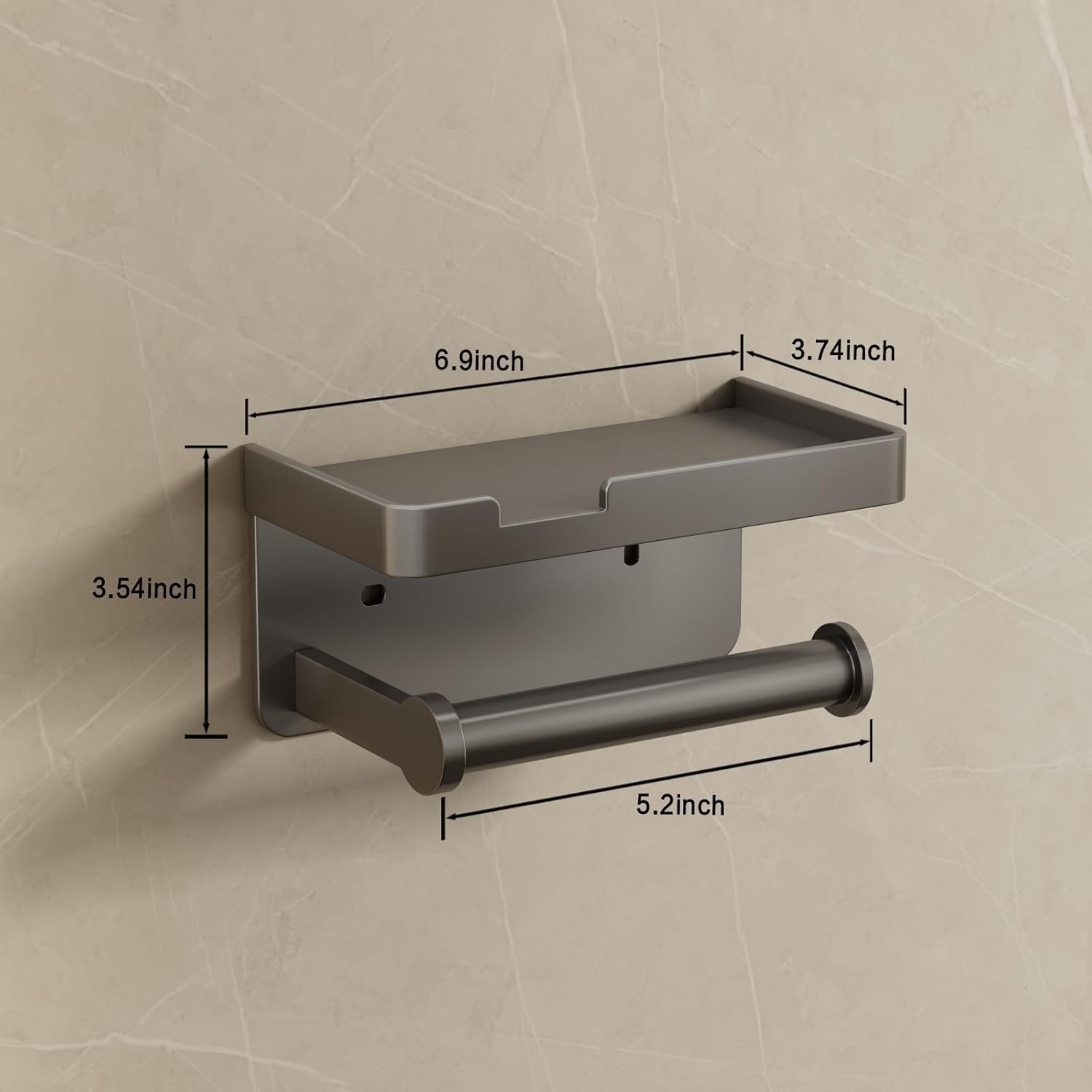 Toilet Paper Holder with Phone Shelf, Wall Mount Tissue Roll Dispenser with Self-Adhesive or Screws, Rustproof Aluminum Bathroom Organizer for Phone Wet Wipes, Gray - Image 6