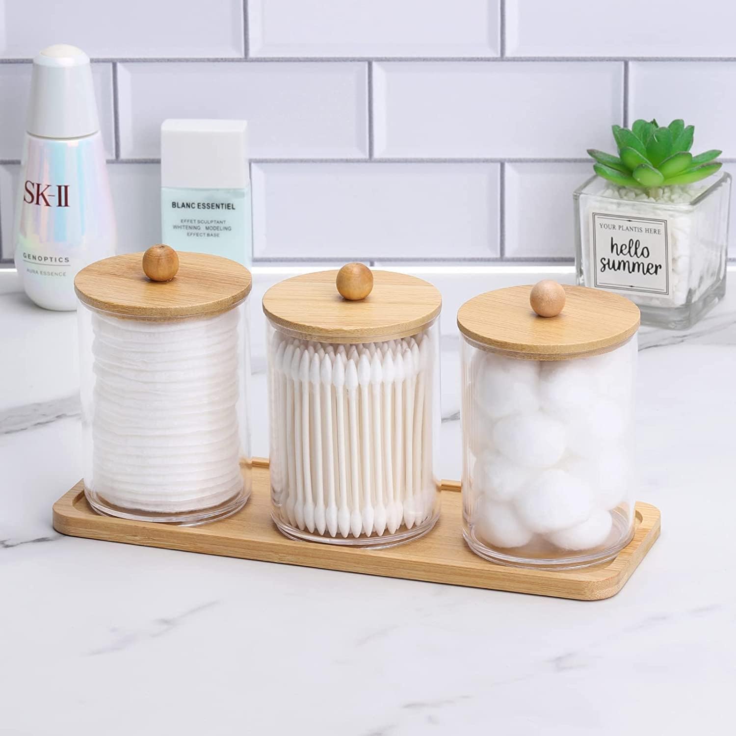 MahMir Bathroom Jars Qtip Holder, Apothecary Jars, Acrylic Cotton Ball Holder, Clear Bathroom Canisters with Bamboo Lids for Cotton Swab and Brush (3 Jars and 1 Tray Pack) - Image 5