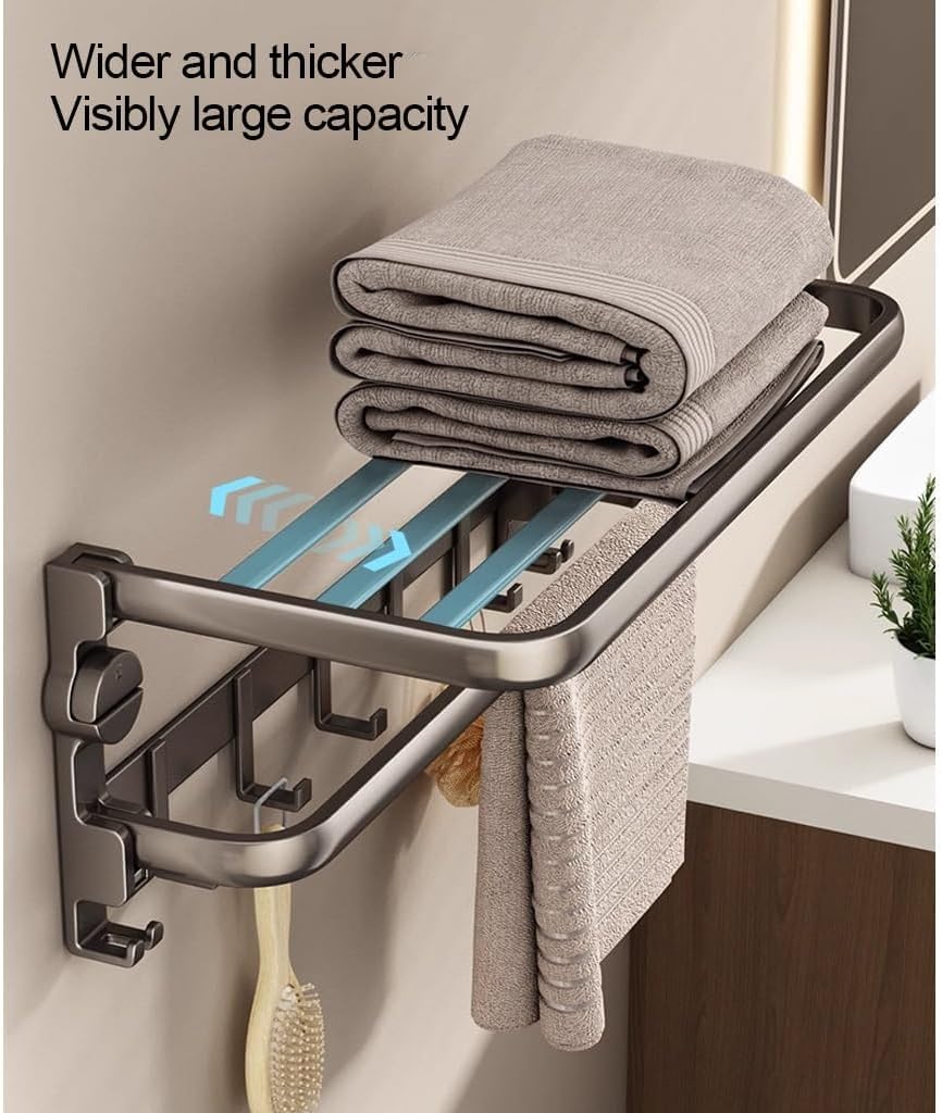 TERRIFI Suction Cup Towel Shelf for Bathroom, 60 cm Foldable Towel Rack with Bar and 7 Hooks, Wall-Mounted Towel Storage Organizer for Bathroom and Lavatory, Matte Black - Image 3