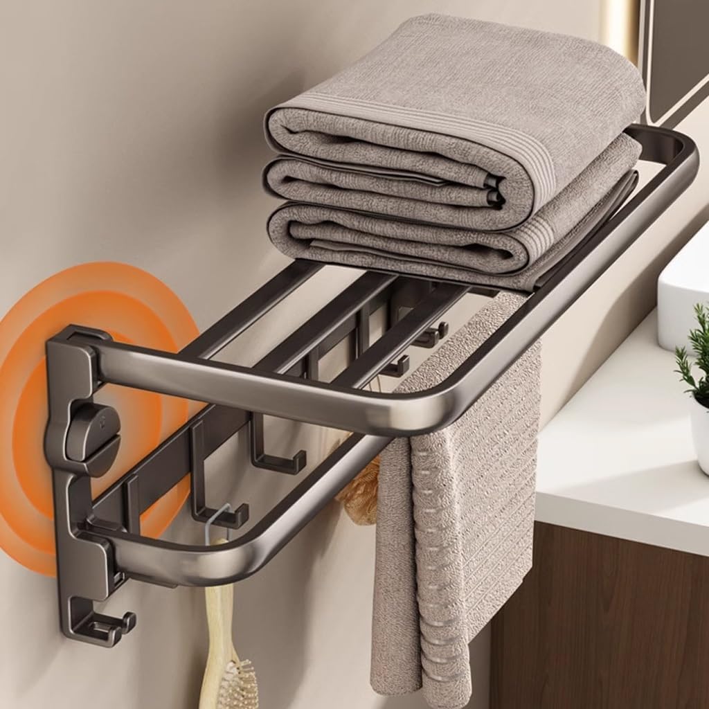 TERRIFI Suction Cup Towel Shelf for Bathroom, 60 cm Foldable Towel Rack with Bar and 7 Hooks, Wall-Mounted Towel Storage Organizer for Bathroom and Lavatory, Matte Black - Image 5