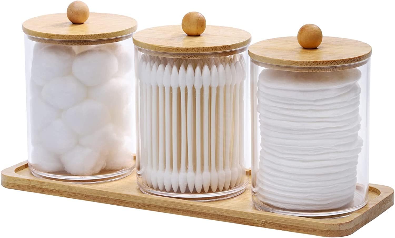MahMir Bathroom Jars Qtip Holder, Apothecary Jars, Acrylic Cotton Ball Holder, Clear Bathroom Canisters with Bamboo Lids for Cotton Swab and Brush (3 Jars and 1 Tray Pack)