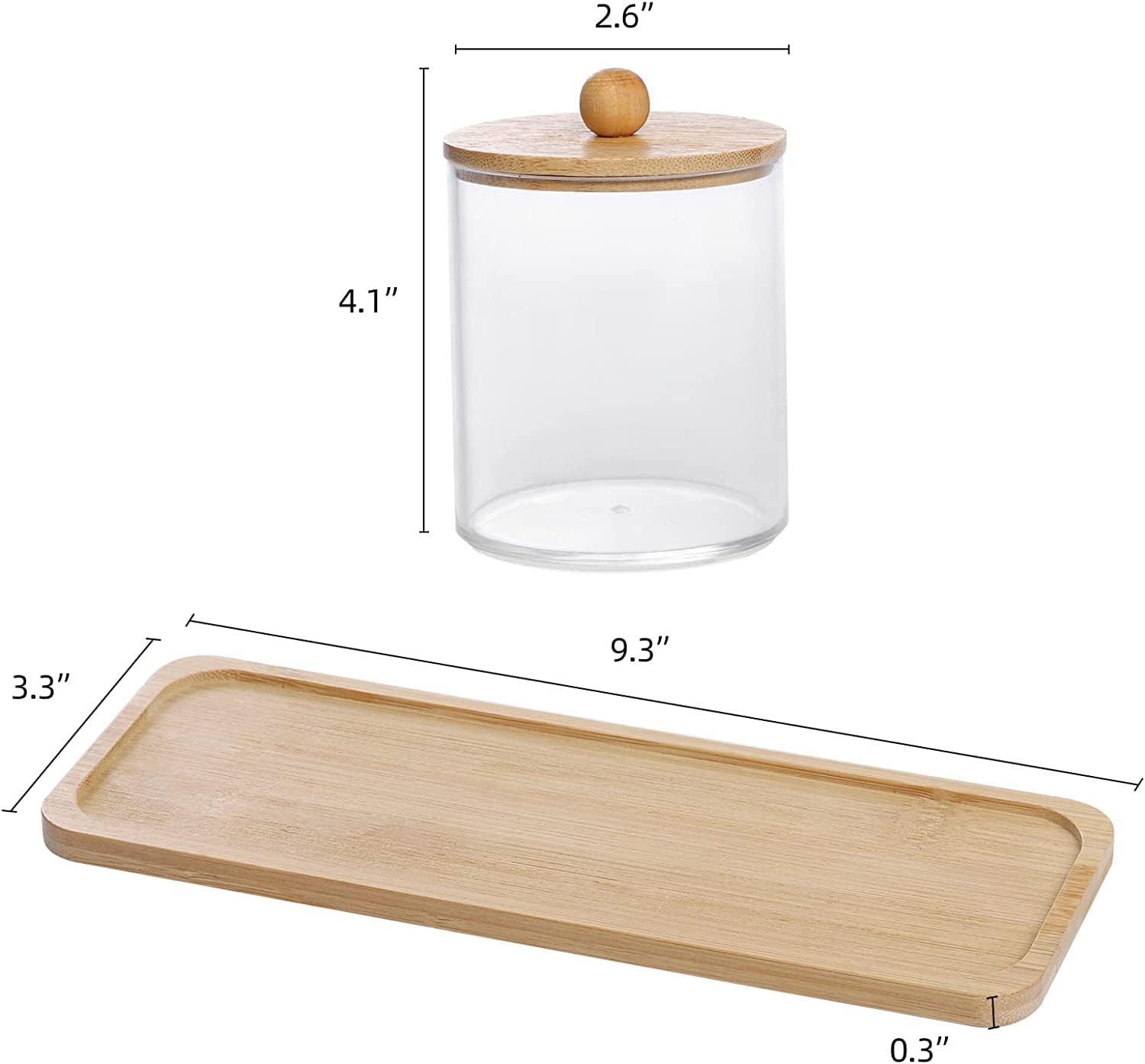 MahMir Bathroom Jars Qtip Holder, Apothecary Jars, Acrylic Cotton Ball Holder, Clear Bathroom Canisters with Bamboo Lids for Cotton Swab and Brush (3 Jars and 1 Tray Pack) - Image 2