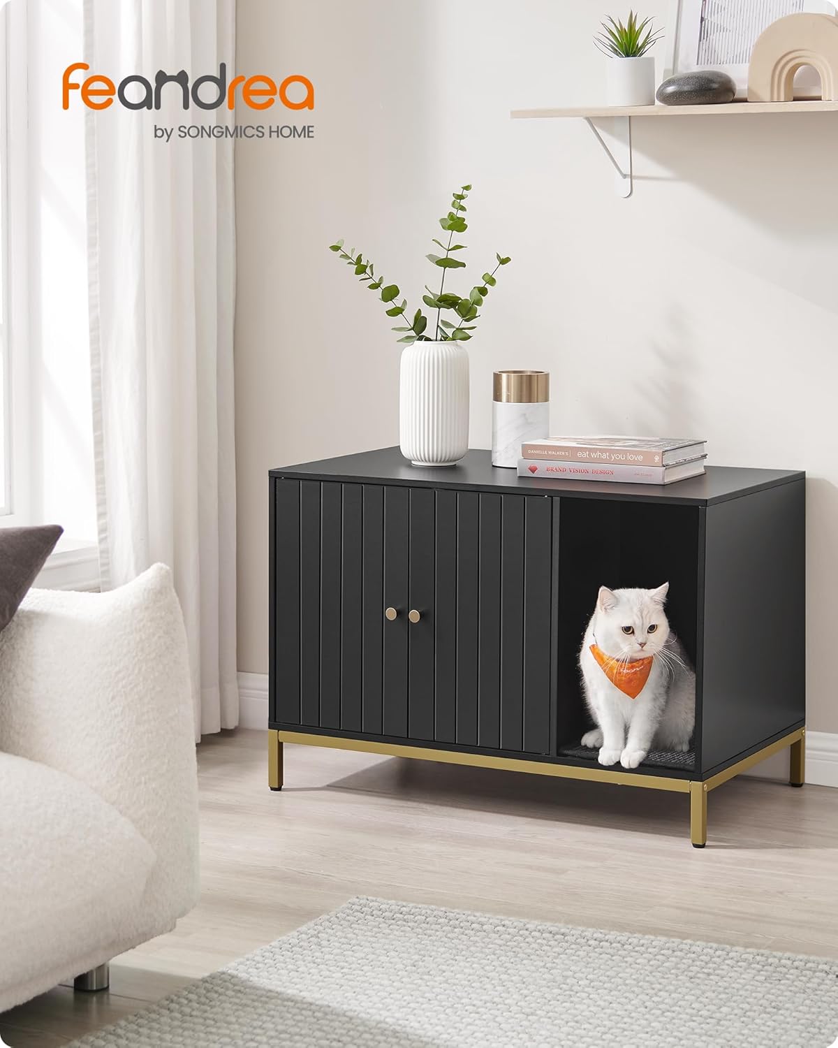 Feandrea Cat Litter Cabinet, Cat House, Cat Toilet, with Scratching Mat, High Legs, for Cats, Side Table, 80 x 50 x 55 cm, Black and Gold PCL007B01 - Image 2