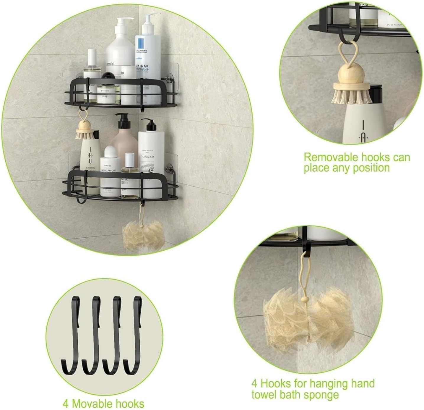 Black Metal Shower Caddy – Floating Bathroom Organizer with Heavy-Duty Adhesive, 2 PC - Image 4