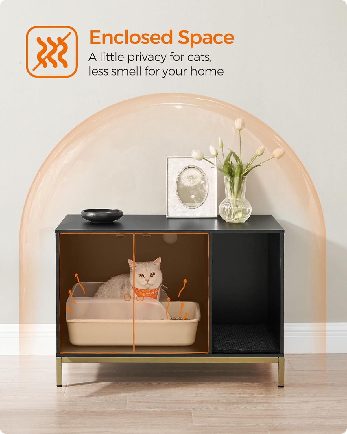 Feandrea Cat Litter Cabinet, Cat House, Cat Toilet, with Scratching Mat, High Legs, for Cats, Side Table, 80 x 50 x 55 cm, Black and Gold PCL007B01 - Image 4