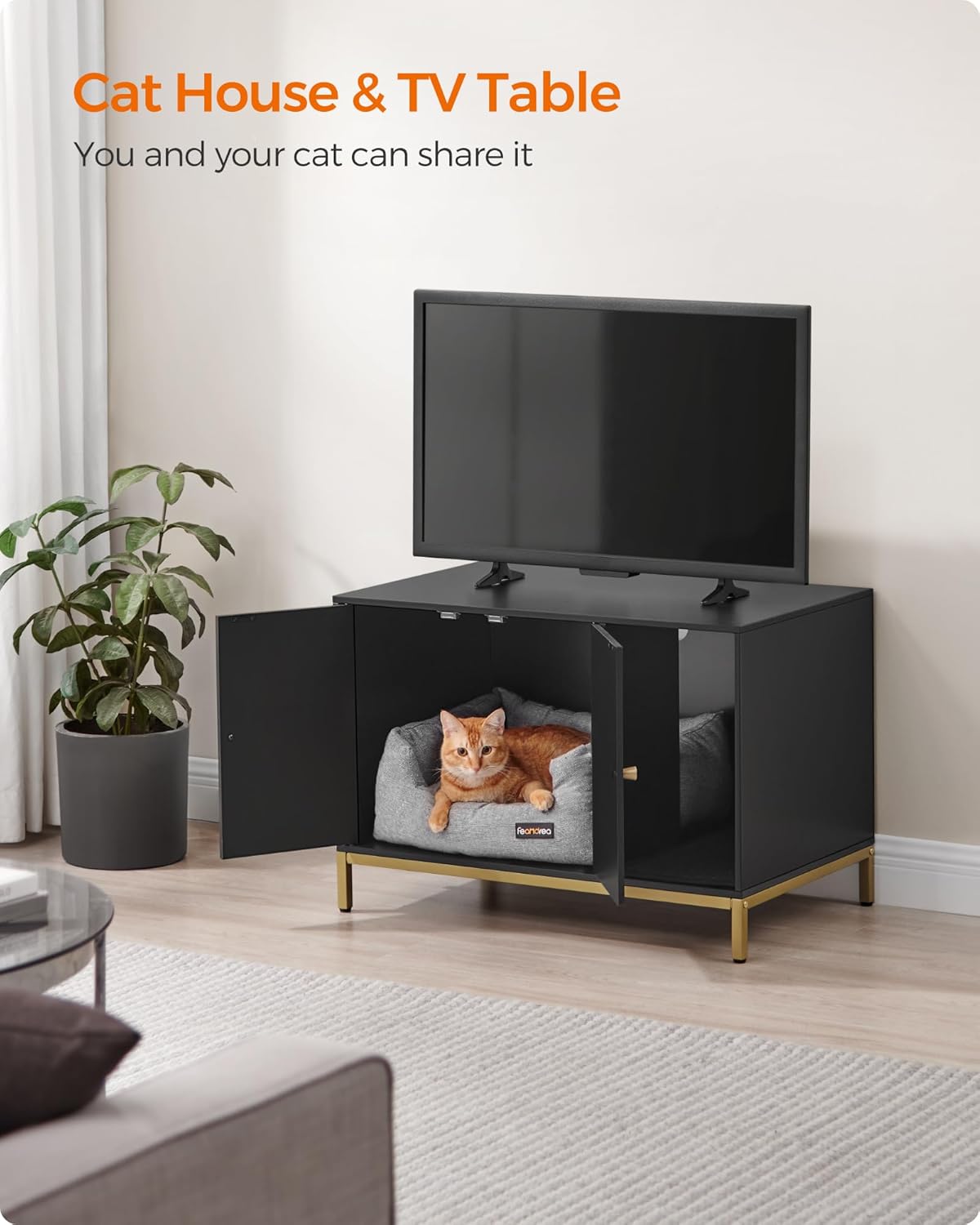 Feandrea Cat Litter Cabinet, Cat House, Cat Toilet, with Scratching Mat, High Legs, for Cats, Side Table, 80 x 50 x 55 cm, Black and Gold PCL007B01 - Image 7
