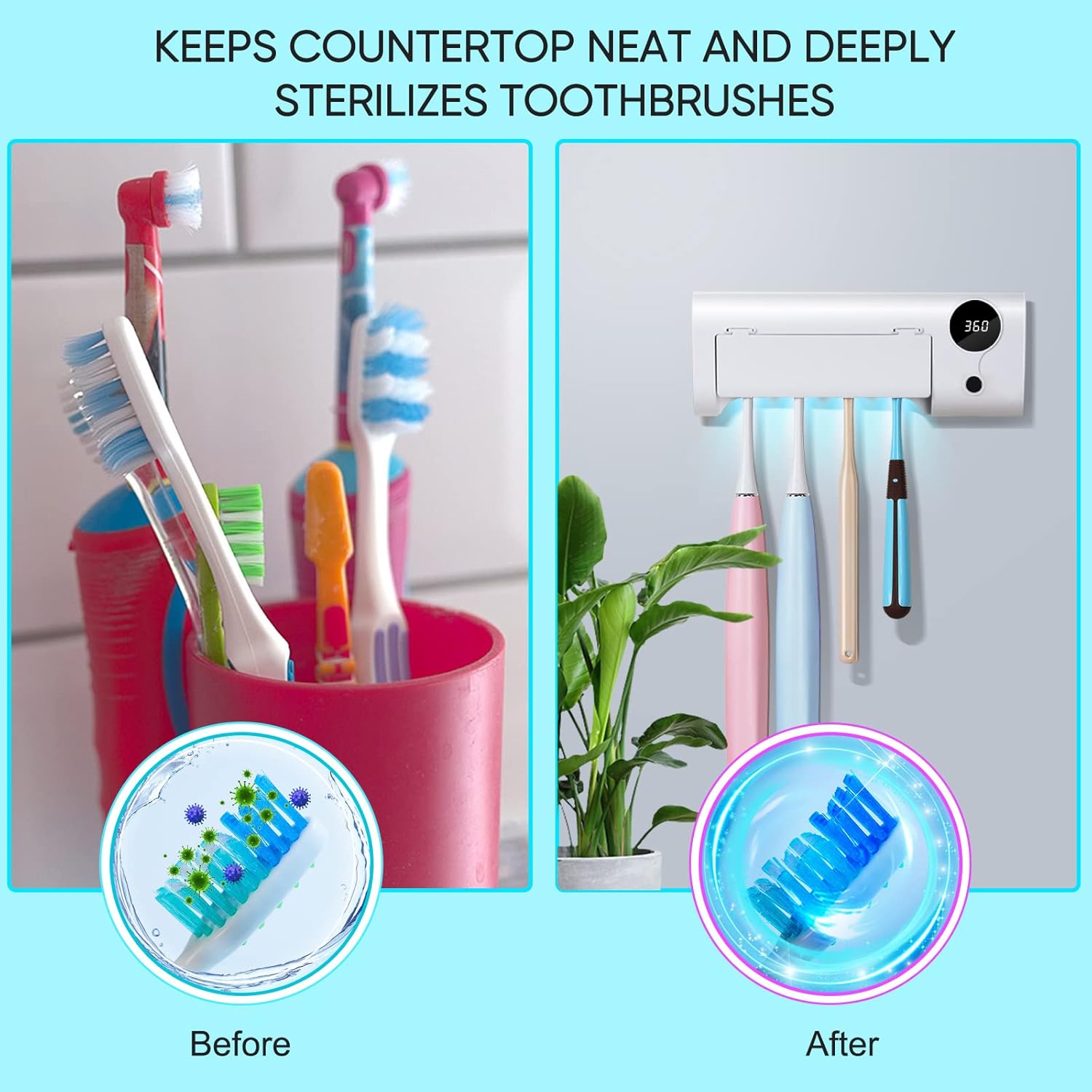 StarWin UV Toothbrush Cleaner, Timer Function, Rechargeable Tooth Brush Holder Wall-Mounted for Bathroom, No Drilling, 4 Slots - Image 5