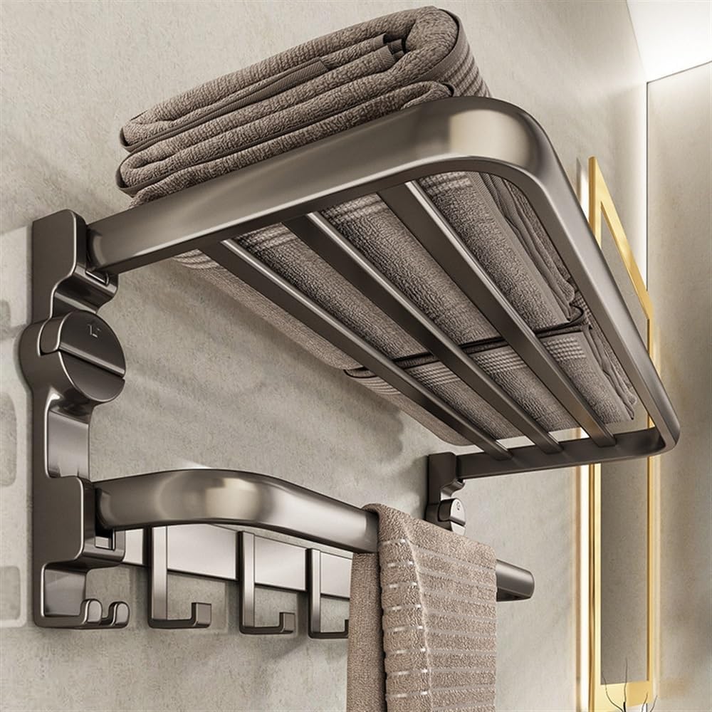TERRIFI Suction Cup Towel Shelf for Bathroom, 60 cm Foldable Towel Rack with Bar and 7 Hooks, Wall-Mounted Towel Storage Organizer for Bathroom and Lavatory, Matte Black
