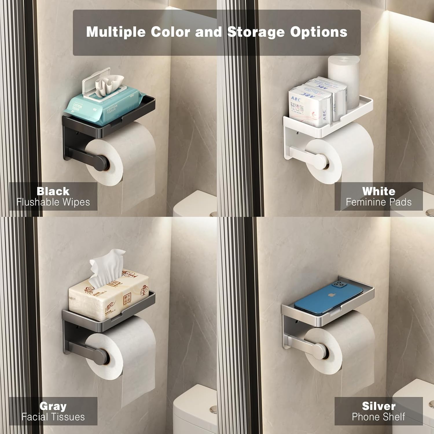 Toilet Paper Holder with Phone Shelf, Wall Mount Tissue Roll Dispenser with Self-Adhesive or Screws, Rustproof Aluminum Bathroom Organizer for Phone Wet Wipes, Gray - Image 5