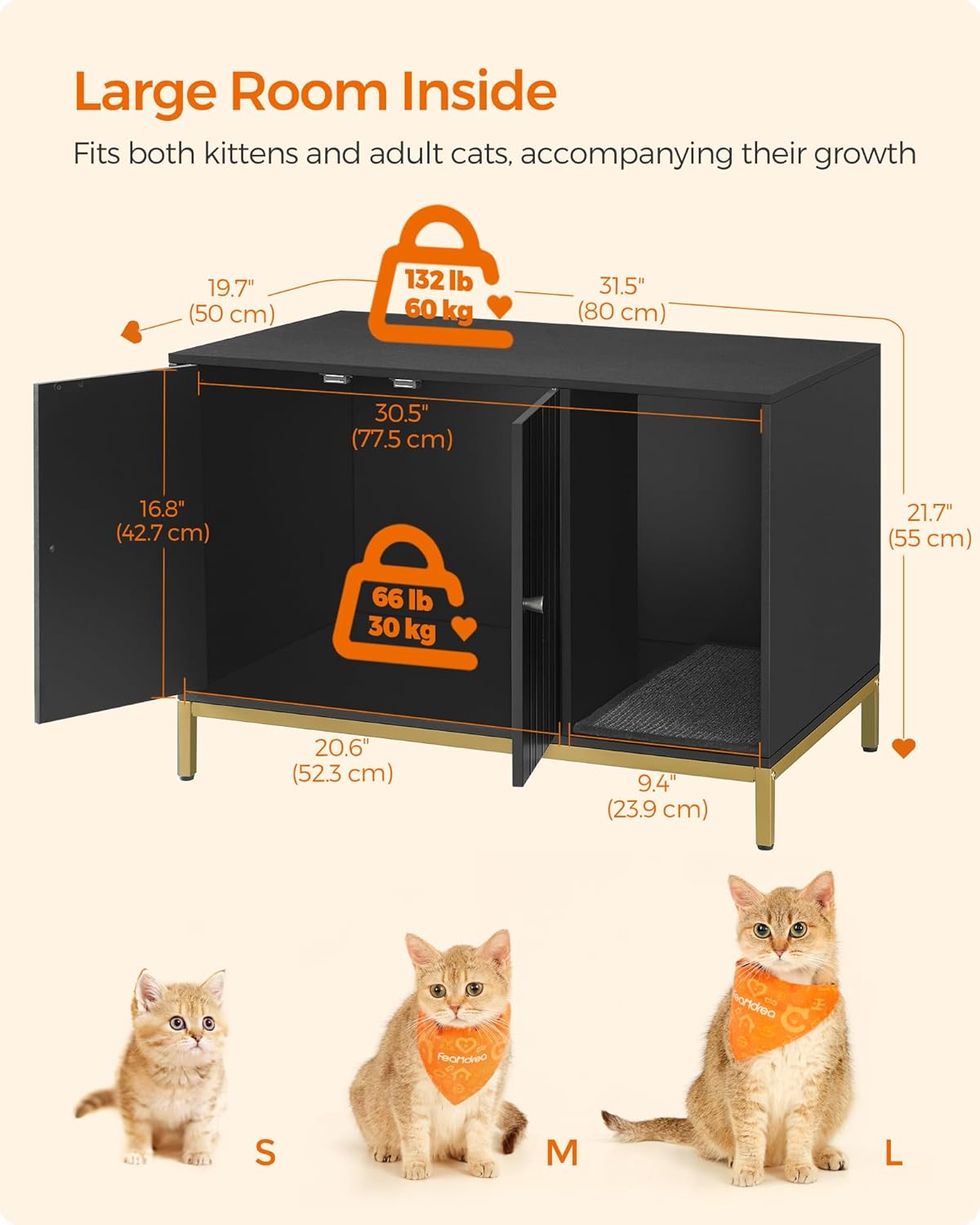 Feandrea Cat Litter Cabinet, Cat House, Cat Toilet, with Scratching Mat, High Legs, for Cats, Side Table, 80 x 50 x 55 cm, Black and Gold PCL007B01 - Image 8
