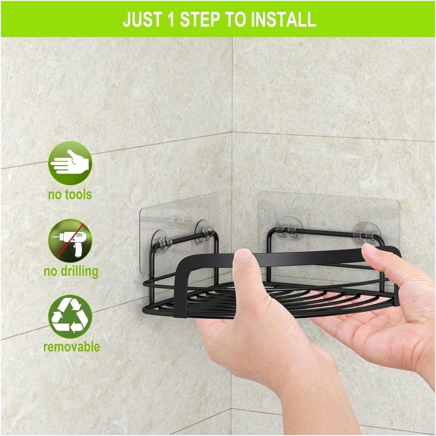 Black Metal Shower Caddy – Floating Bathroom Organizer with Heavy-Duty Adhesive, 2 PC - Image 6