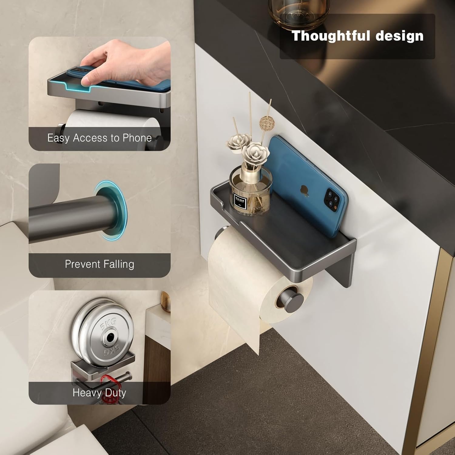 Toilet Paper Holder with Phone Shelf, Wall Mount Tissue Roll Dispenser with Self-Adhesive or Screws, Rustproof Aluminum Bathroom Organizer for Phone Wet Wipes, Gray - Image 2