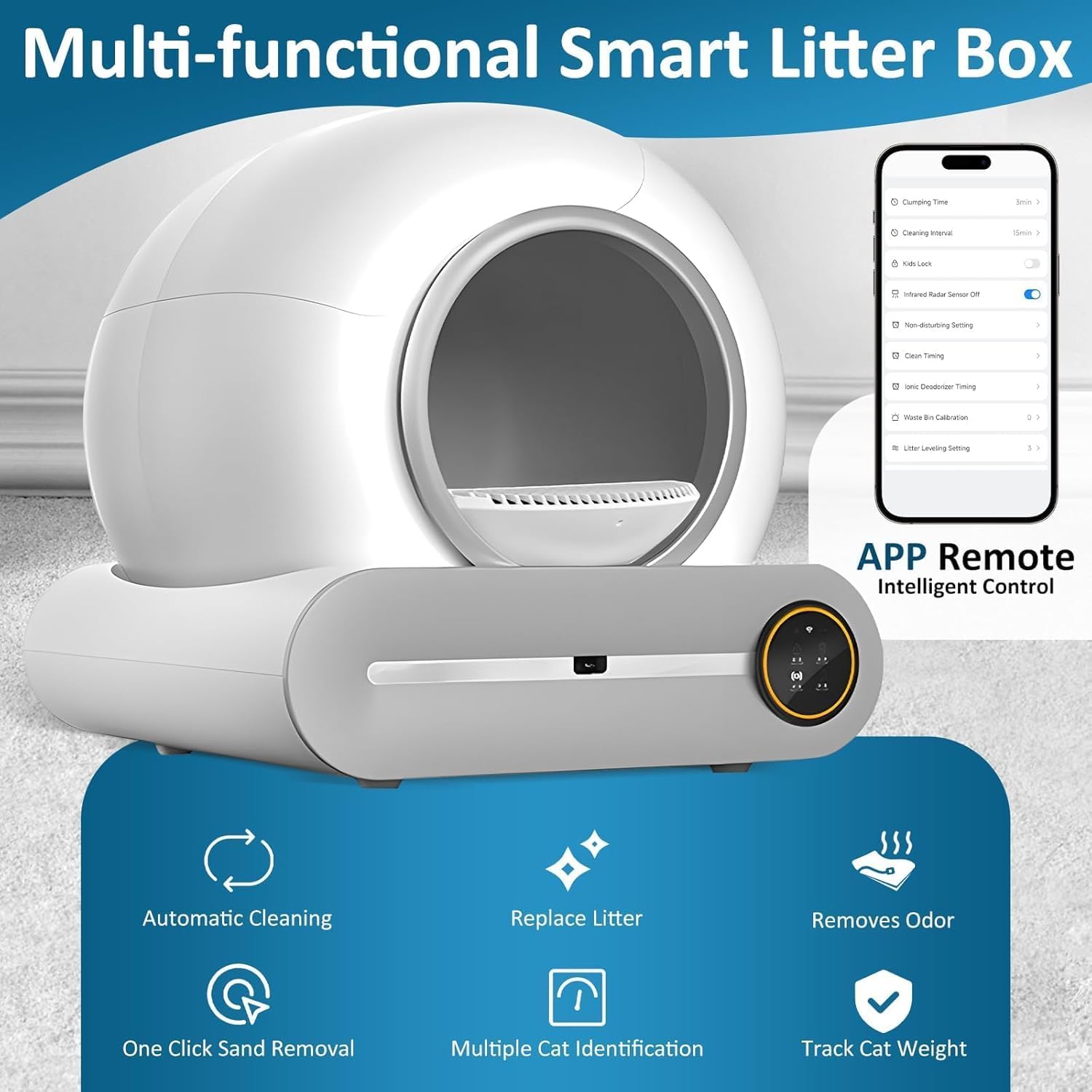 SKY-TOUCH Smart Self Cleaning Cat Litter Box,65L+ 9L Extra Large Capacity Upgraded Automatic Self Litter Box, APP Control/Odor Removal/Safety Protection/Low Noise for Cats 1-8kg,1 Roll Trash Bag - Image 3