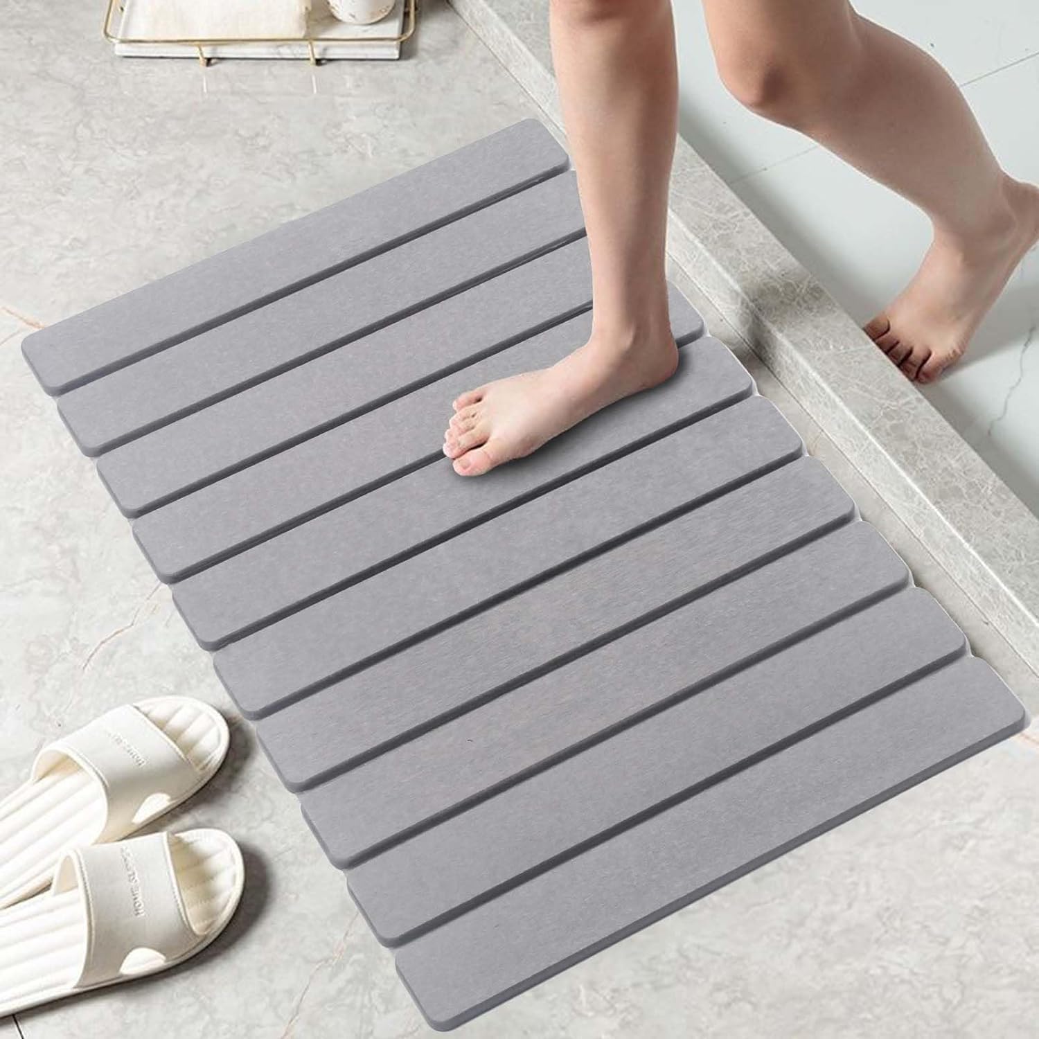 Exrp Foldable Stone Bath Mat, Diatomaceous Earth Shower Mat, Non-Slip Super Absorbent Quick Drying Bathroom Floor Mat, Natural, Easy to Clean - Image 2