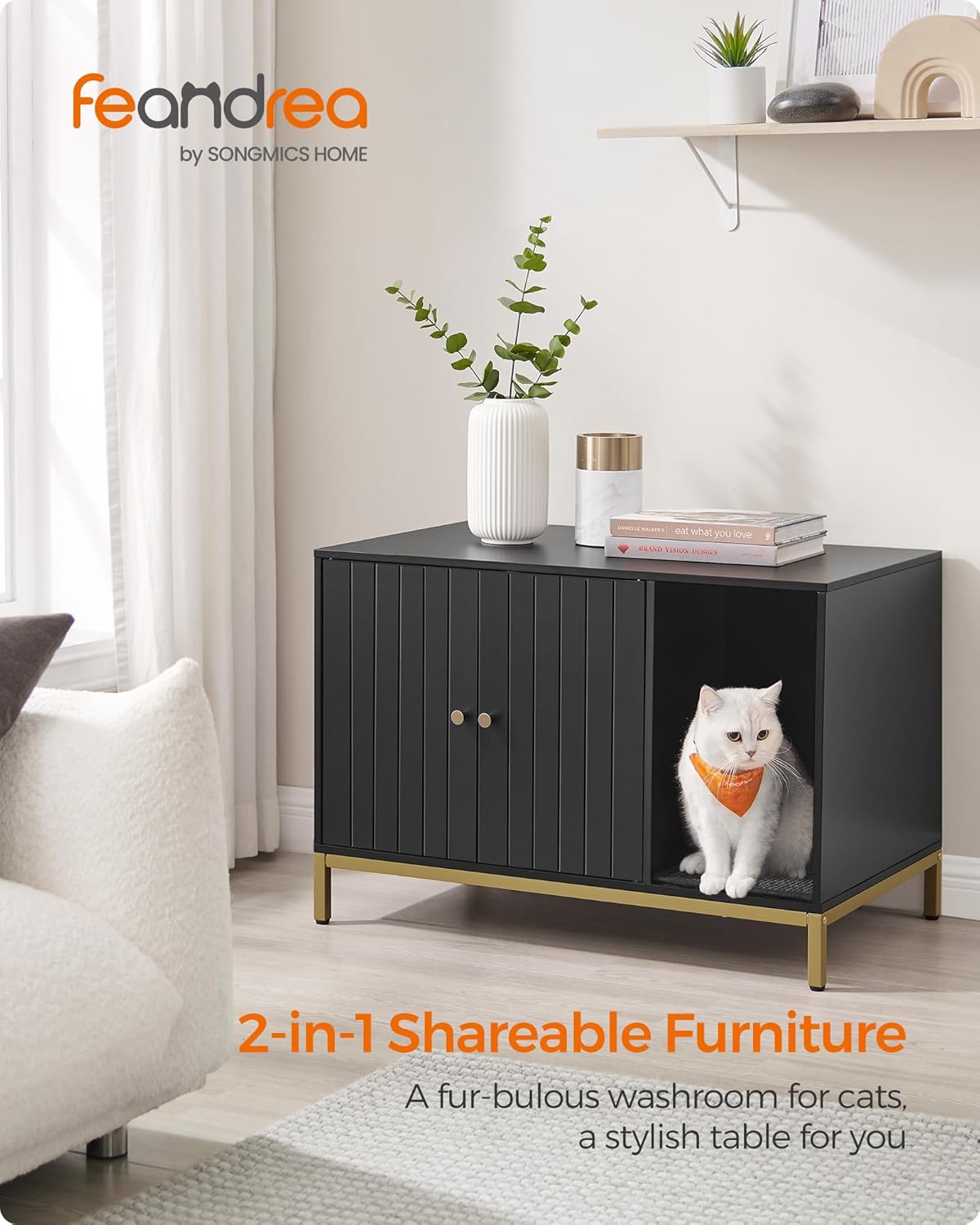 Feandrea Cat Litter Cabinet, Cat House, Cat Toilet, with Scratching Mat, High Legs, for Cats, Side Table, 80 x 50 x 55 cm, Black and Gold PCL007B01 - Image 3