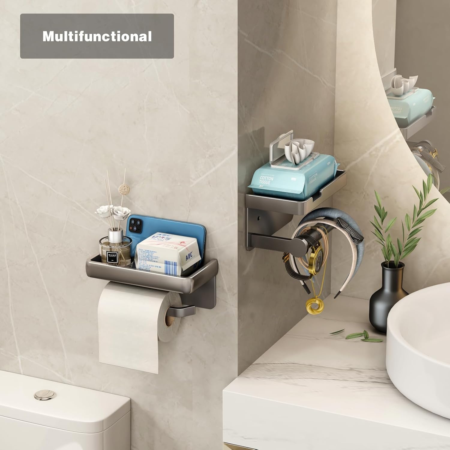 Toilet Paper Holder with Phone Shelf, Wall Mount Tissue Roll Dispenser with Self-Adhesive or Screws, Rustproof Aluminum Bathroom Organizer for Phone Wet Wipes, Gray - Image 3