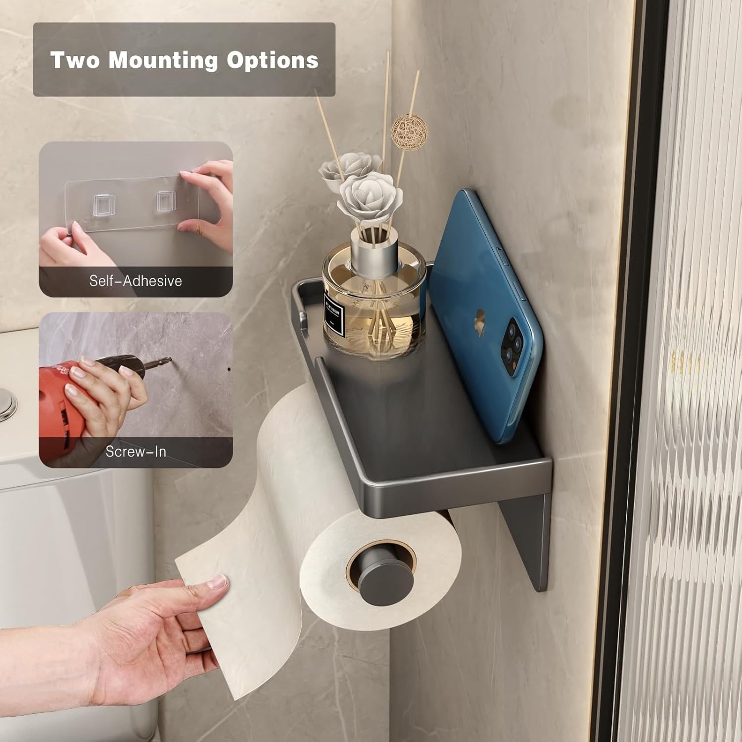 Toilet Paper Holder with Phone Shelf, Wall Mount Tissue Roll Dispenser with Self-Adhesive or Screws, Rustproof Aluminum Bathroom Organizer for Phone Wet Wipes, Gray - Image 4