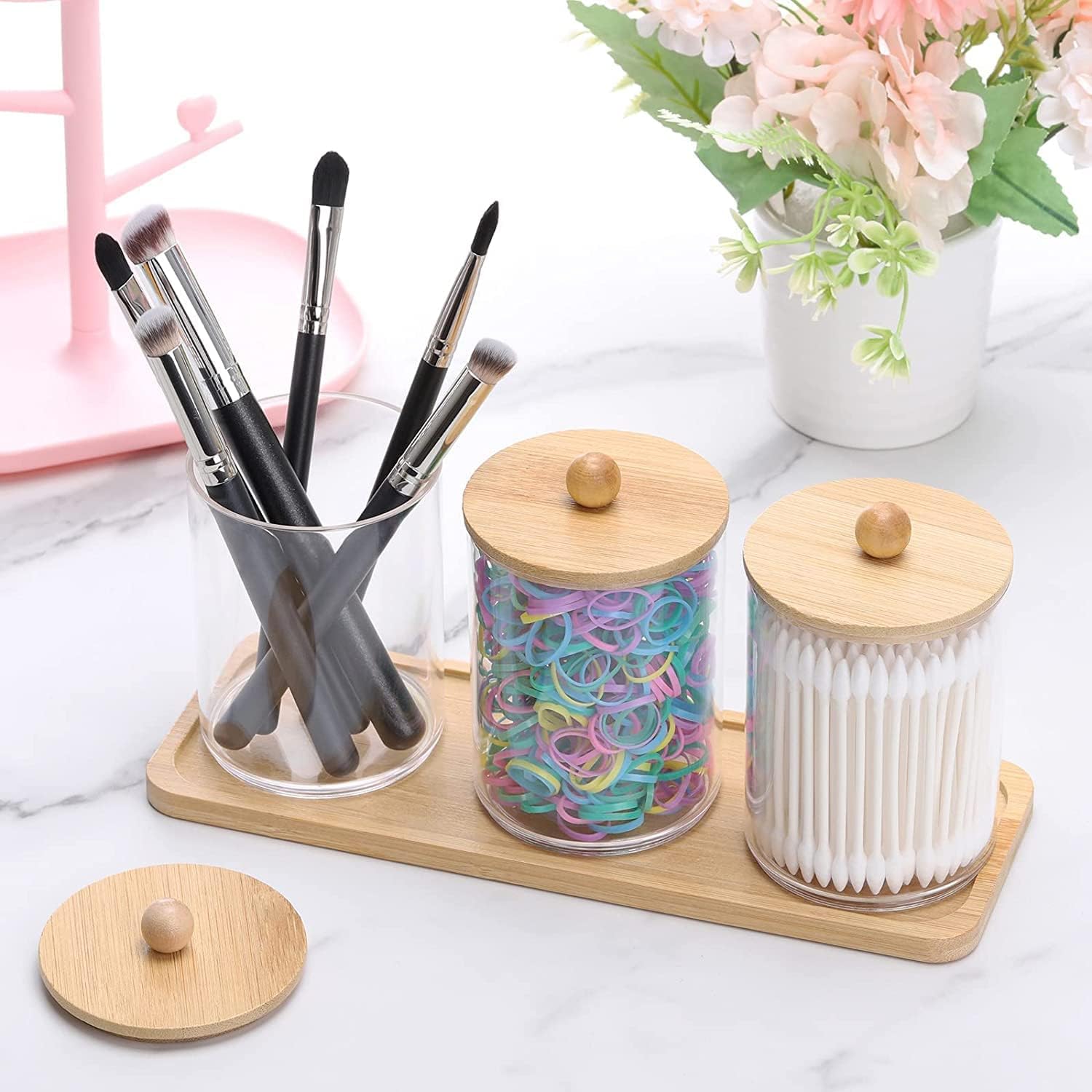 MahMir Bathroom Jars Qtip Holder, Apothecary Jars, Acrylic Cotton Ball Holder, Clear Bathroom Canisters with Bamboo Lids for Cotton Swab and Brush (3 Jars and 1 Tray Pack) - Image 6