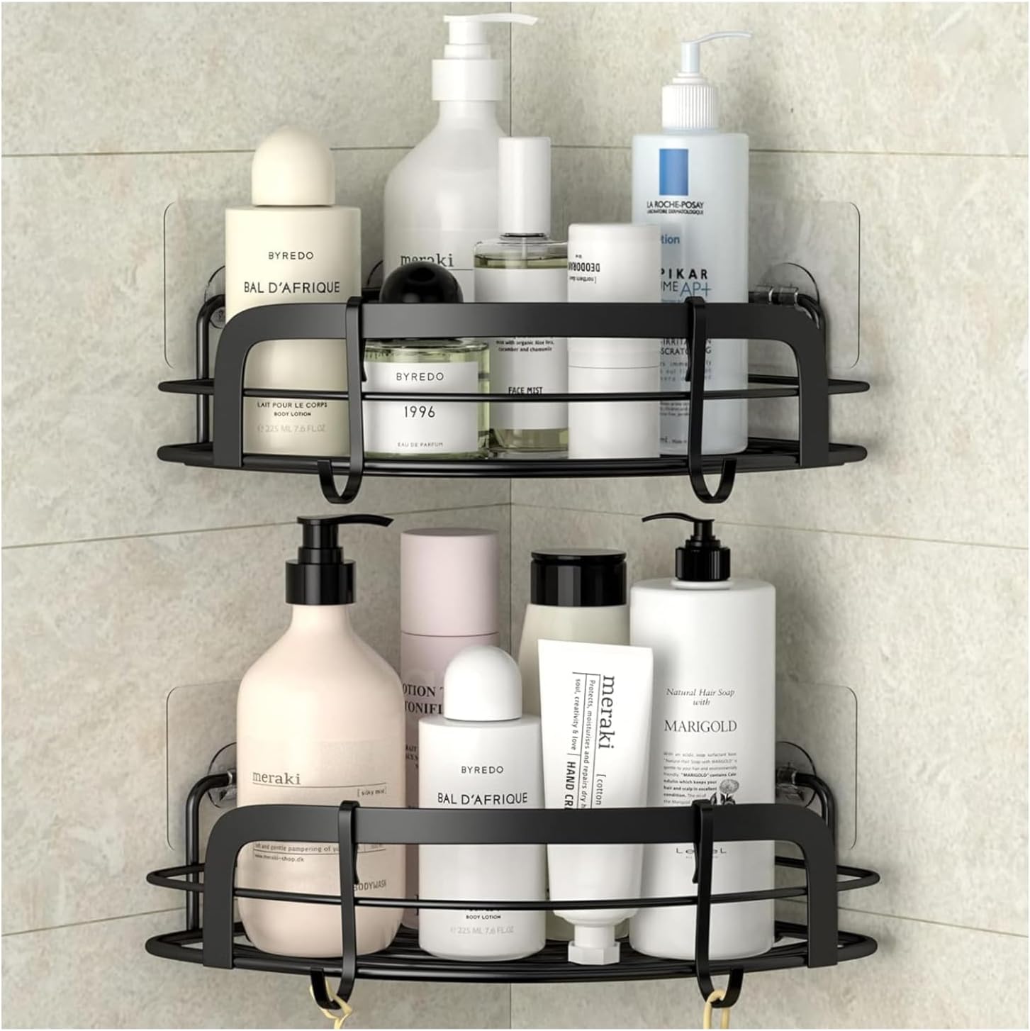 Black Metal Shower Caddy – Floating Bathroom Organizer with Heavy-Duty Adhesive, 2 PC