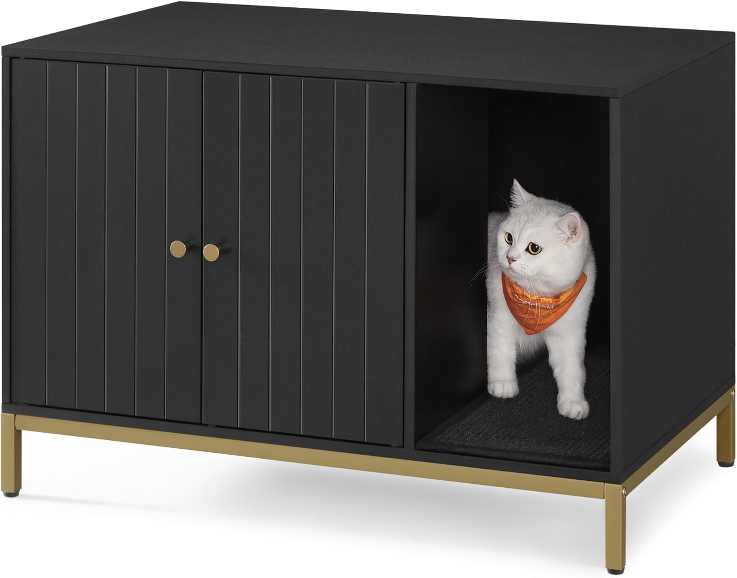 Feandrea Cat Litter Cabinet, Cat House, Cat Toilet, with Scratching Mat, High Legs, for Cats, Side Table, 80 x 50 x 55 cm, Black and Gold PCL007B01