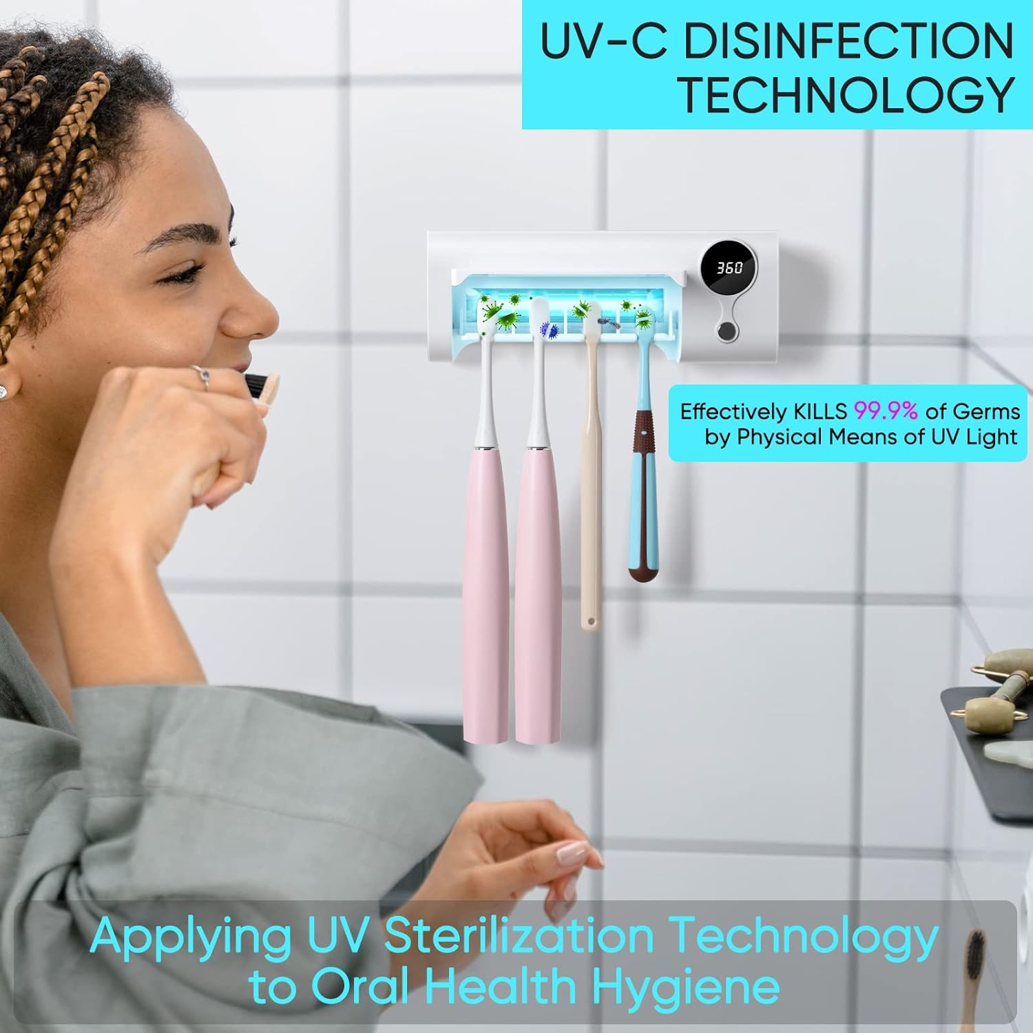 StarWin UV Toothbrush Cleaner, Timer Function, Rechargeable Tooth Brush Holder Wall-Mounted for Bathroom, No Drilling, 4 Slots - Image 4