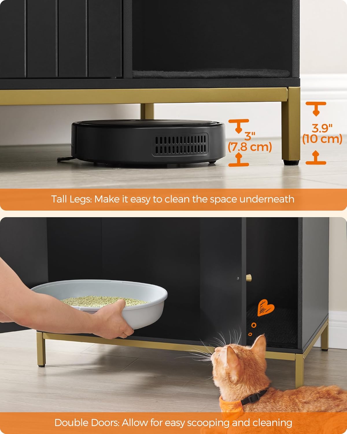 Feandrea Cat Litter Cabinet, Cat House, Cat Toilet, with Scratching Mat, High Legs, for Cats, Side Table, 80 x 50 x 55 cm, Black and Gold PCL007B01 - Image 6