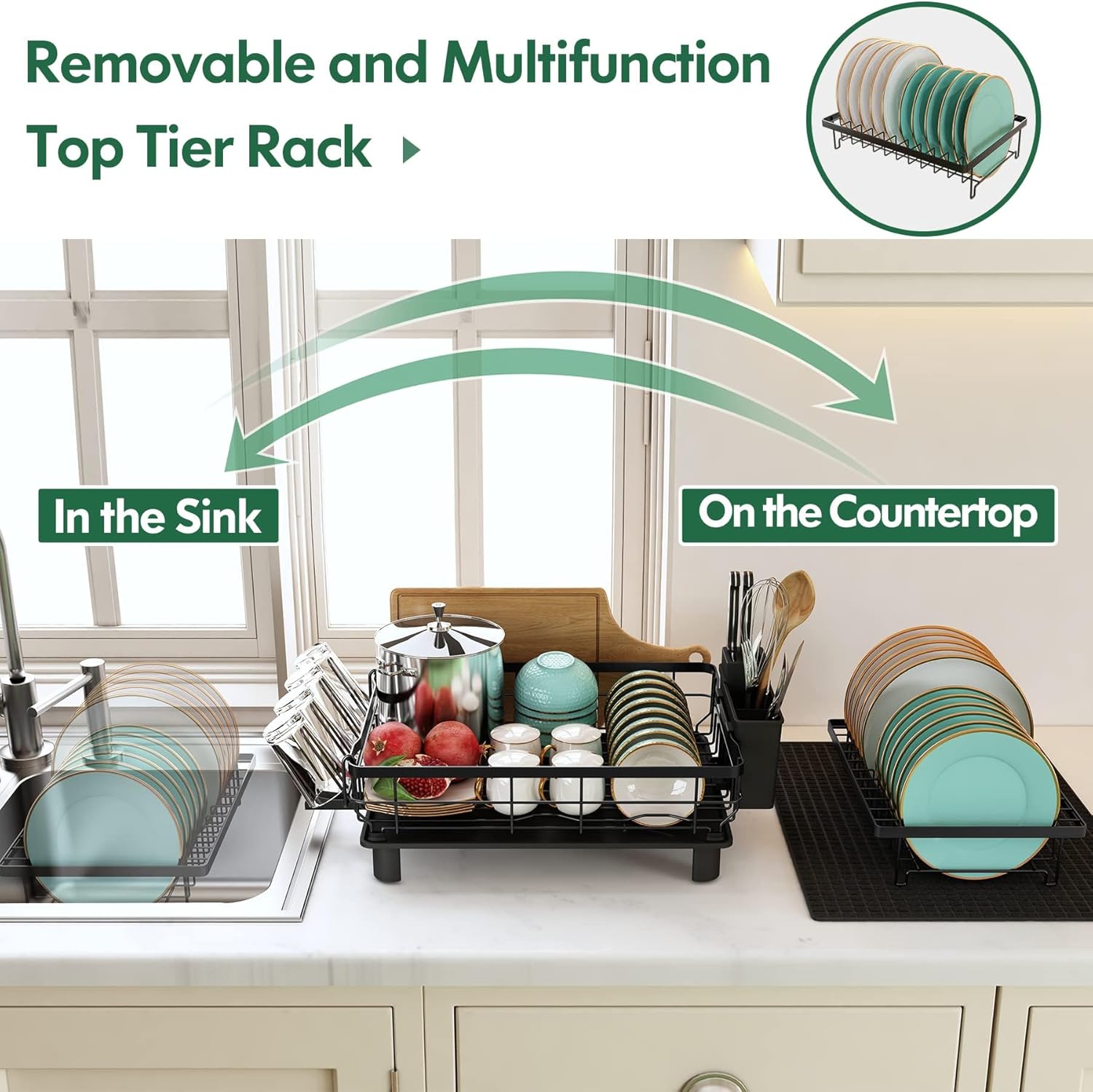 MAJALiS Dish Drainer Rack, 2 Tier Dish Drainer with Drip Tray and Drainer Mat, Stainless Steel Dish Rack with Utensil Holder, Swivel Spout, Draining Board for Kitchen Counter, Black - Image 6