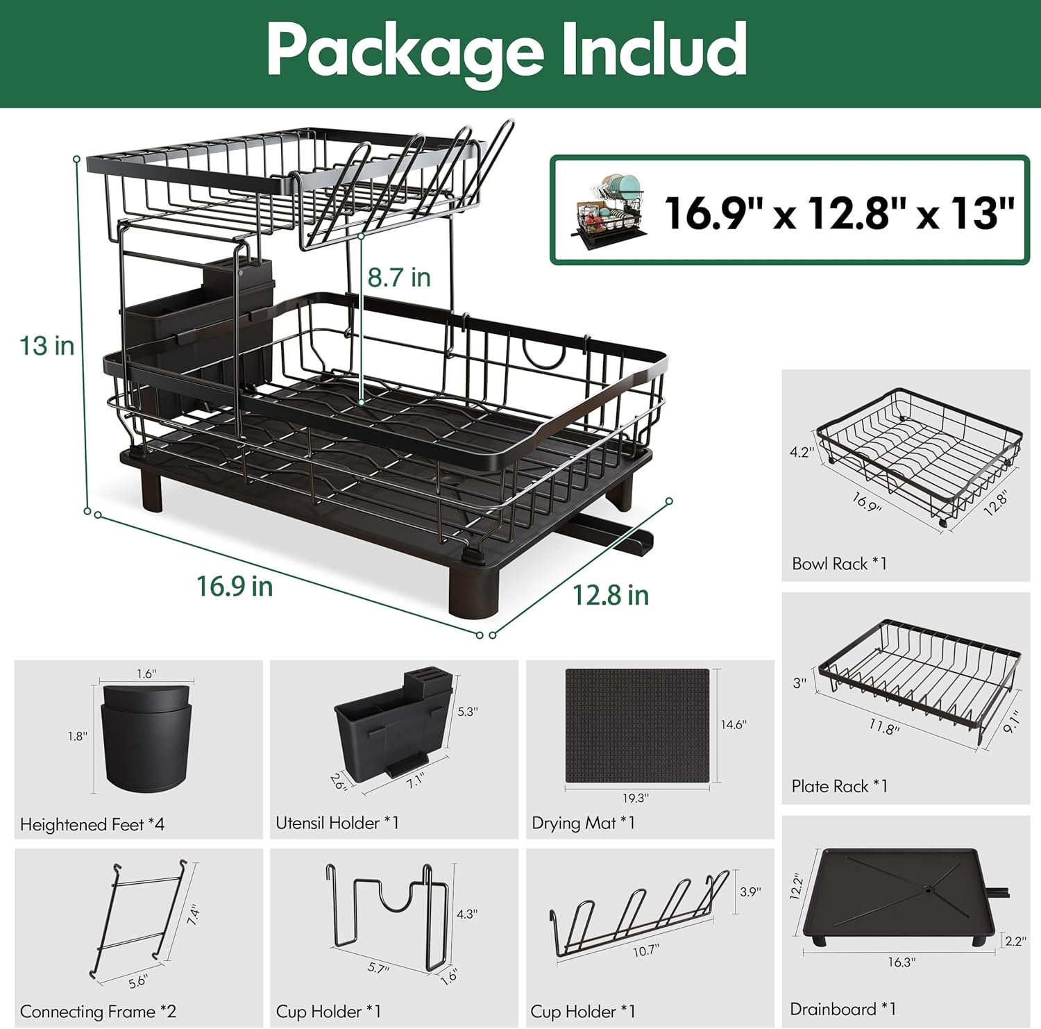 MAJALiS Dish Drainer Rack, 2 Tier Dish Drainer with Drip Tray and Drainer Mat, Stainless Steel Dish Rack with Utensil Holder, Swivel Spout, Draining Board for Kitchen Counter, Black - Image 5