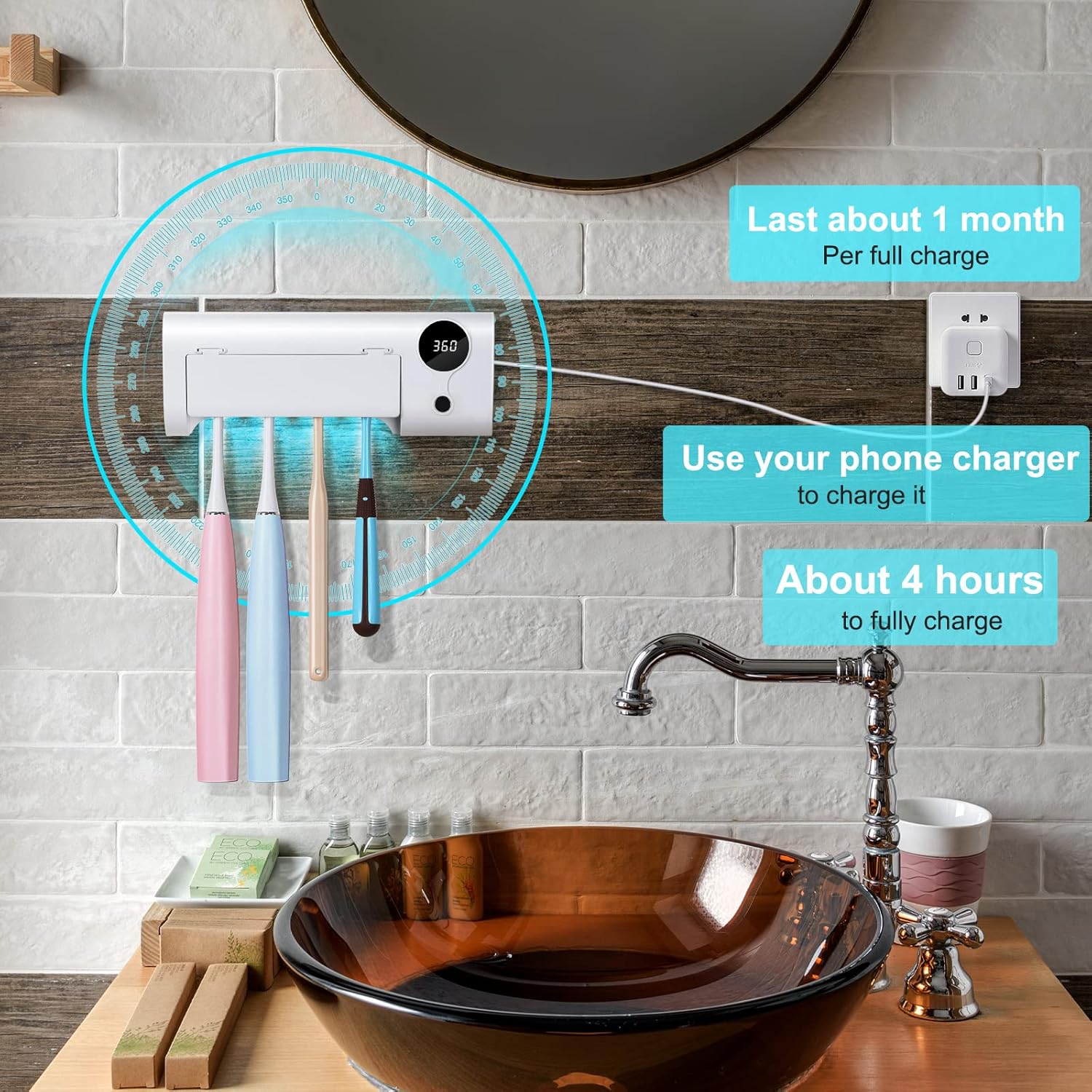 StarWin UV Toothbrush Cleaner, Timer Function, Rechargeable Tooth Brush Holder Wall-Mounted for Bathroom, No Drilling, 4 Slots - Image 6