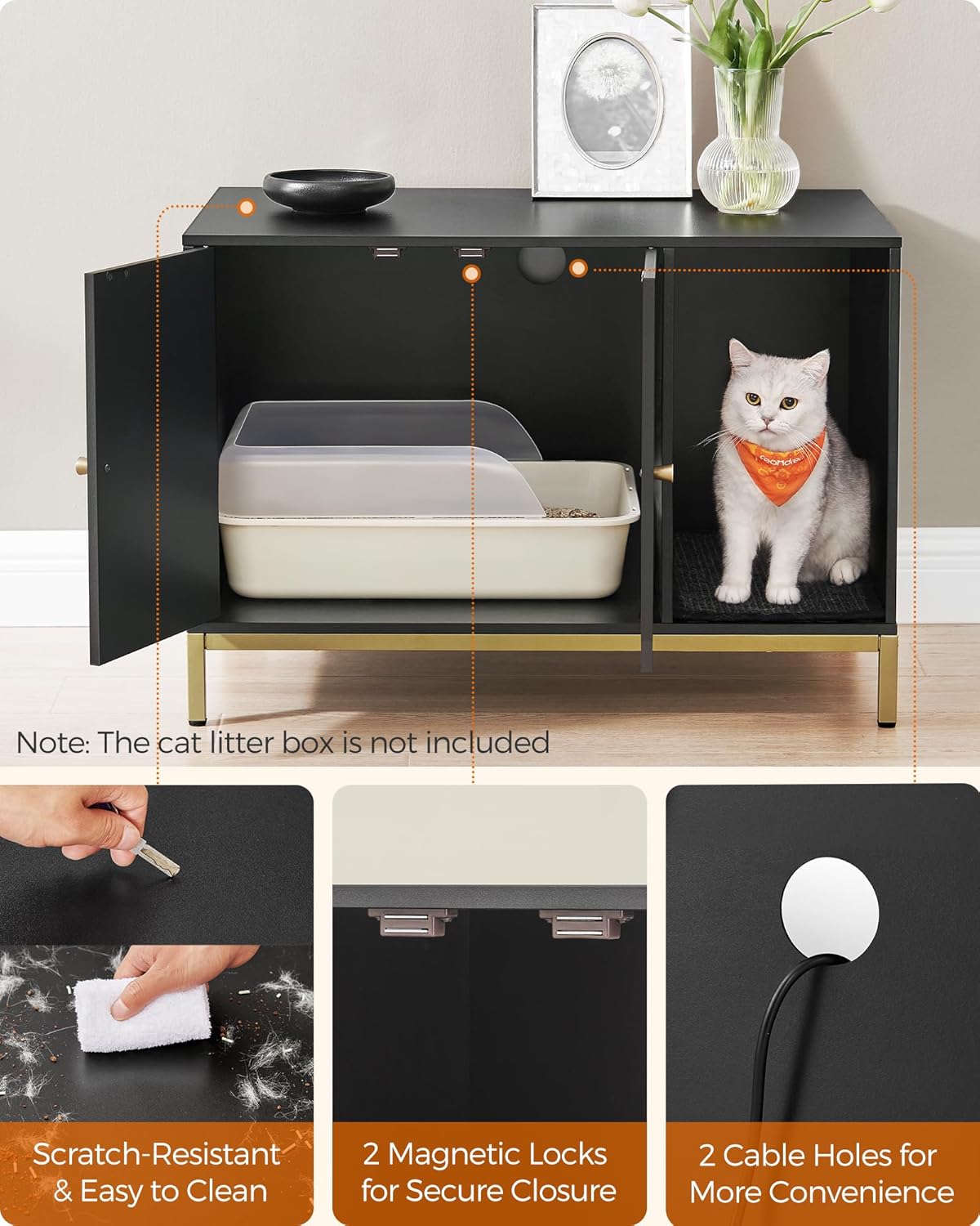 Feandrea Cat Litter Cabinet, Cat House, Cat Toilet, with Scratching Mat, High Legs, for Cats, Side Table, 80 x 50 x 55 cm, Black and Gold PCL007B01 - Image 10