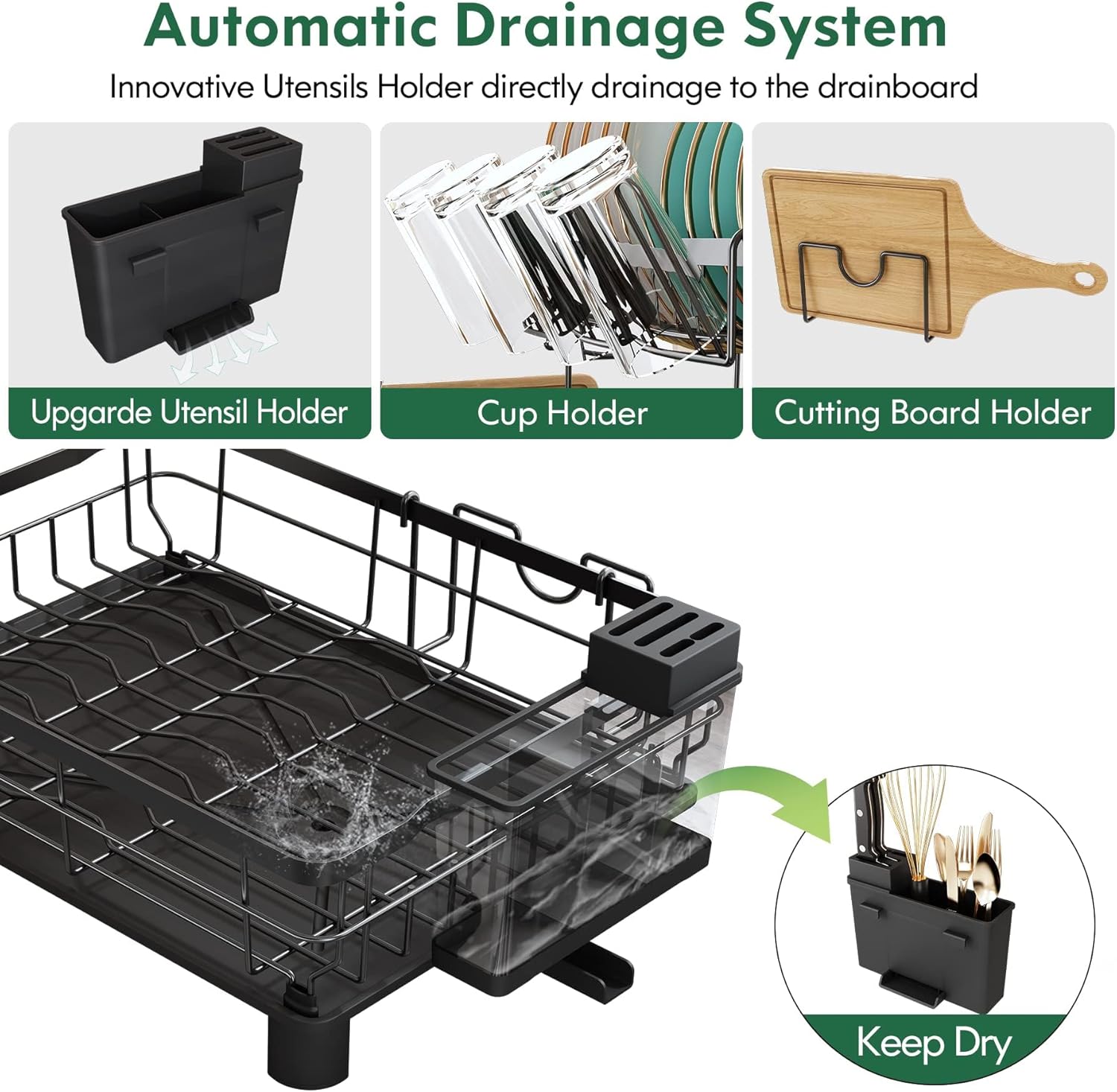MAJALiS Dish Drainer Rack, 2 Tier Dish Drainer with Drip Tray and Drainer Mat, Stainless Steel Dish Rack with Utensil Holder, Swivel Spout, Draining Board for Kitchen Counter, Black - Image 4