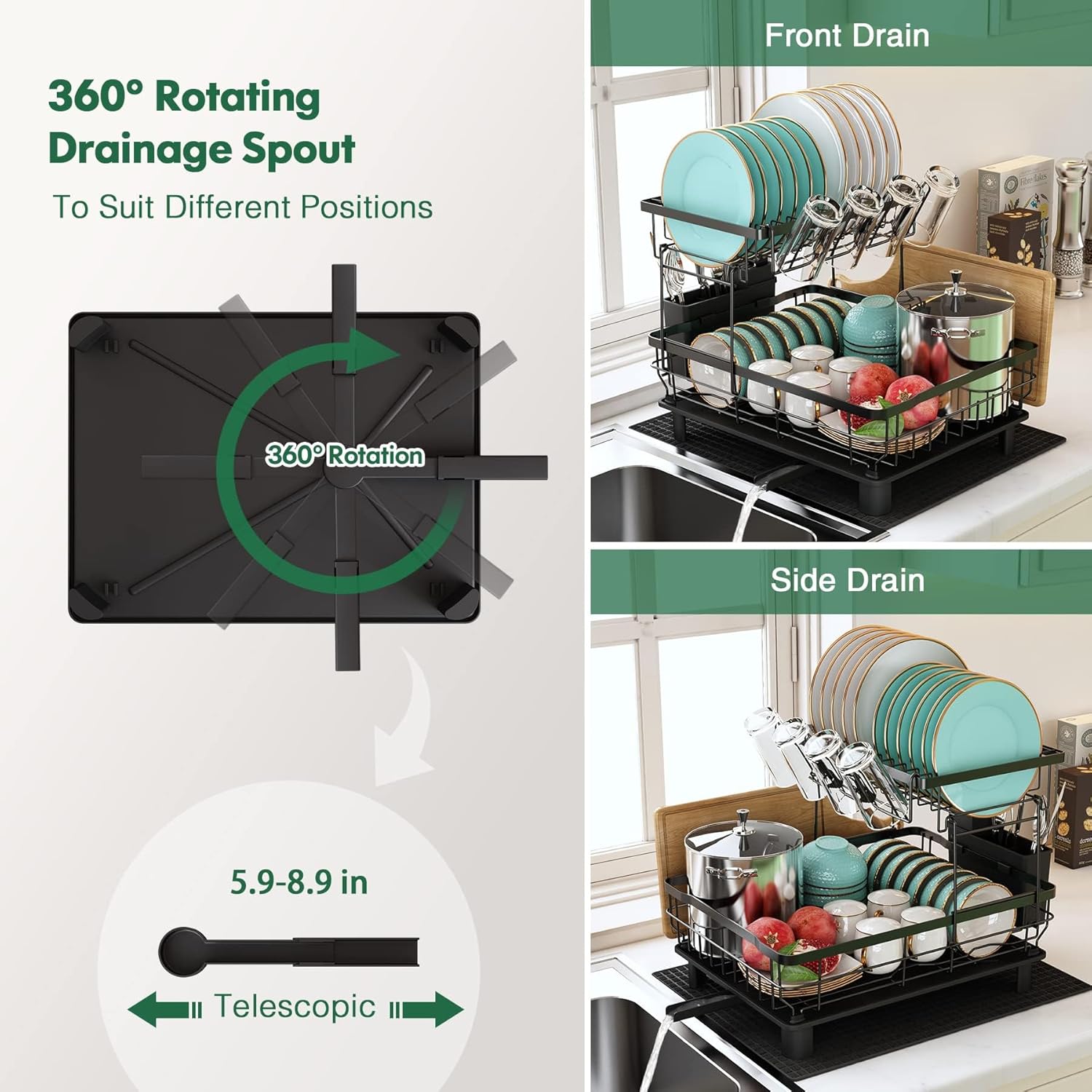MAJALiS Dish Drainer Rack, 2 Tier Dish Drainer with Drip Tray and Drainer Mat, Stainless Steel Dish Rack with Utensil Holder, Swivel Spout, Draining Board for Kitchen Counter, Black - Image 2
